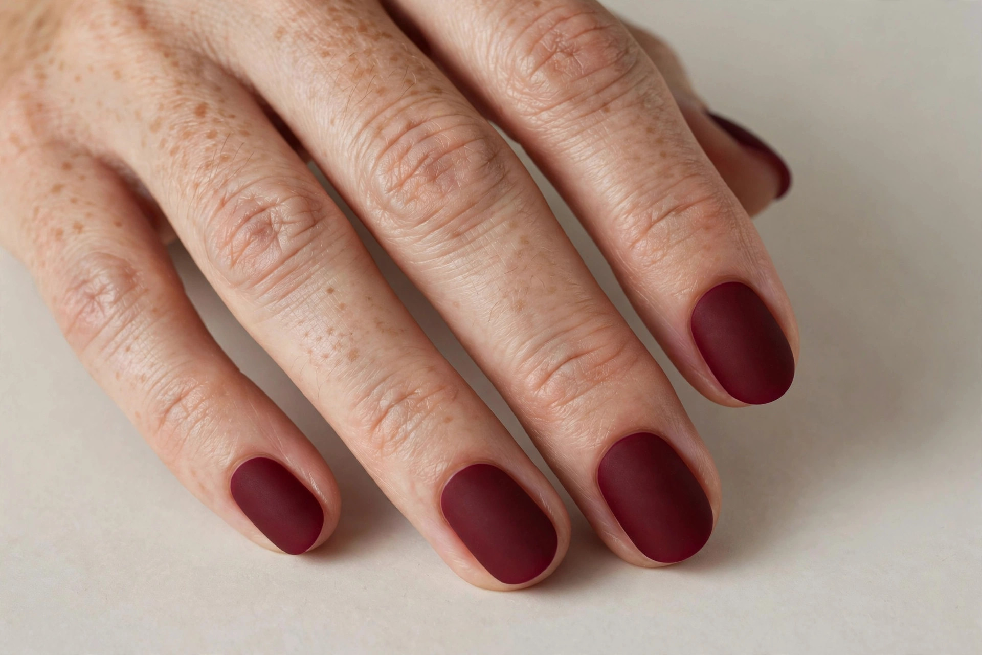 Short oval nails with a matte burgundy wine red winter manicure