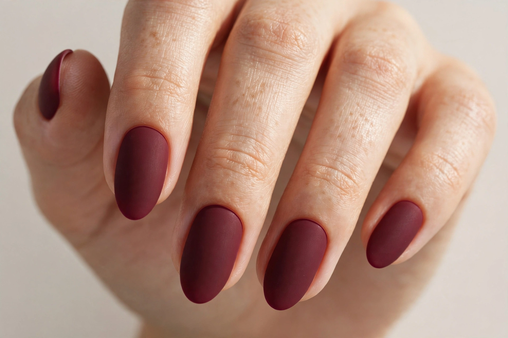 Matte burgundy solid manicure with velvety no-shine finish on almond nails