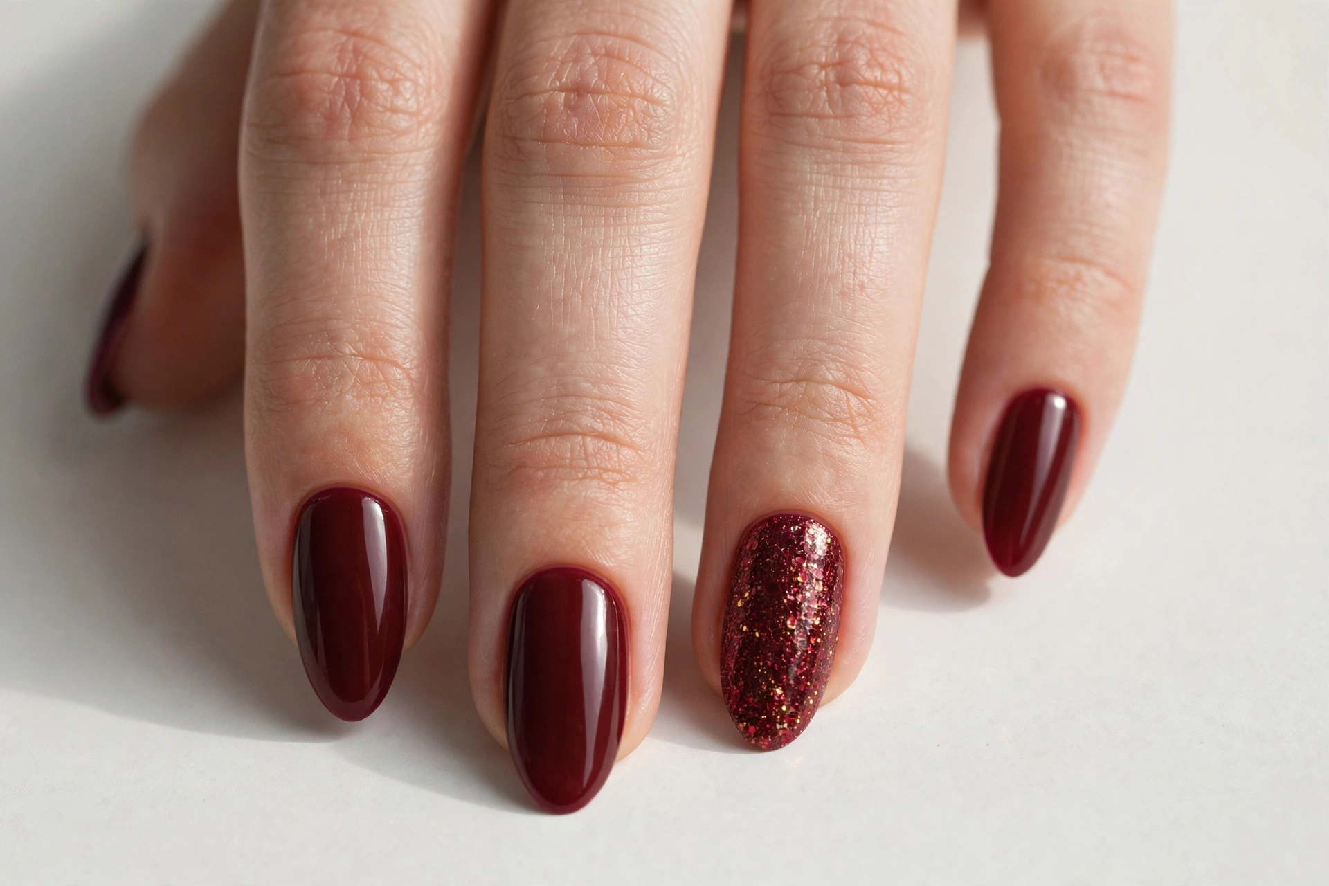 Glossy burgundy nails with a red and gold glitter accent nail