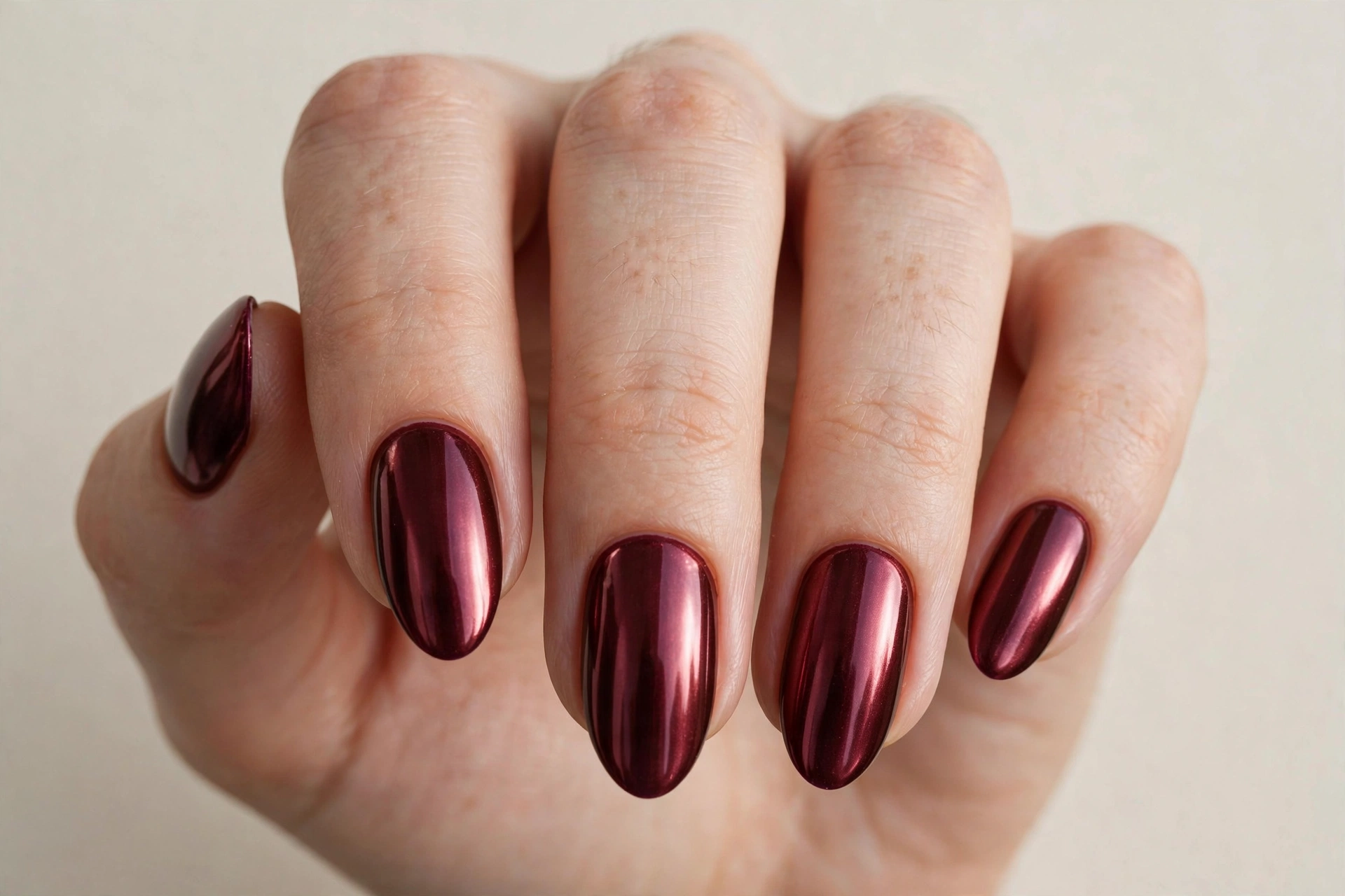 Burgundy velvet chrome nails with a soft metallic reflective sheen