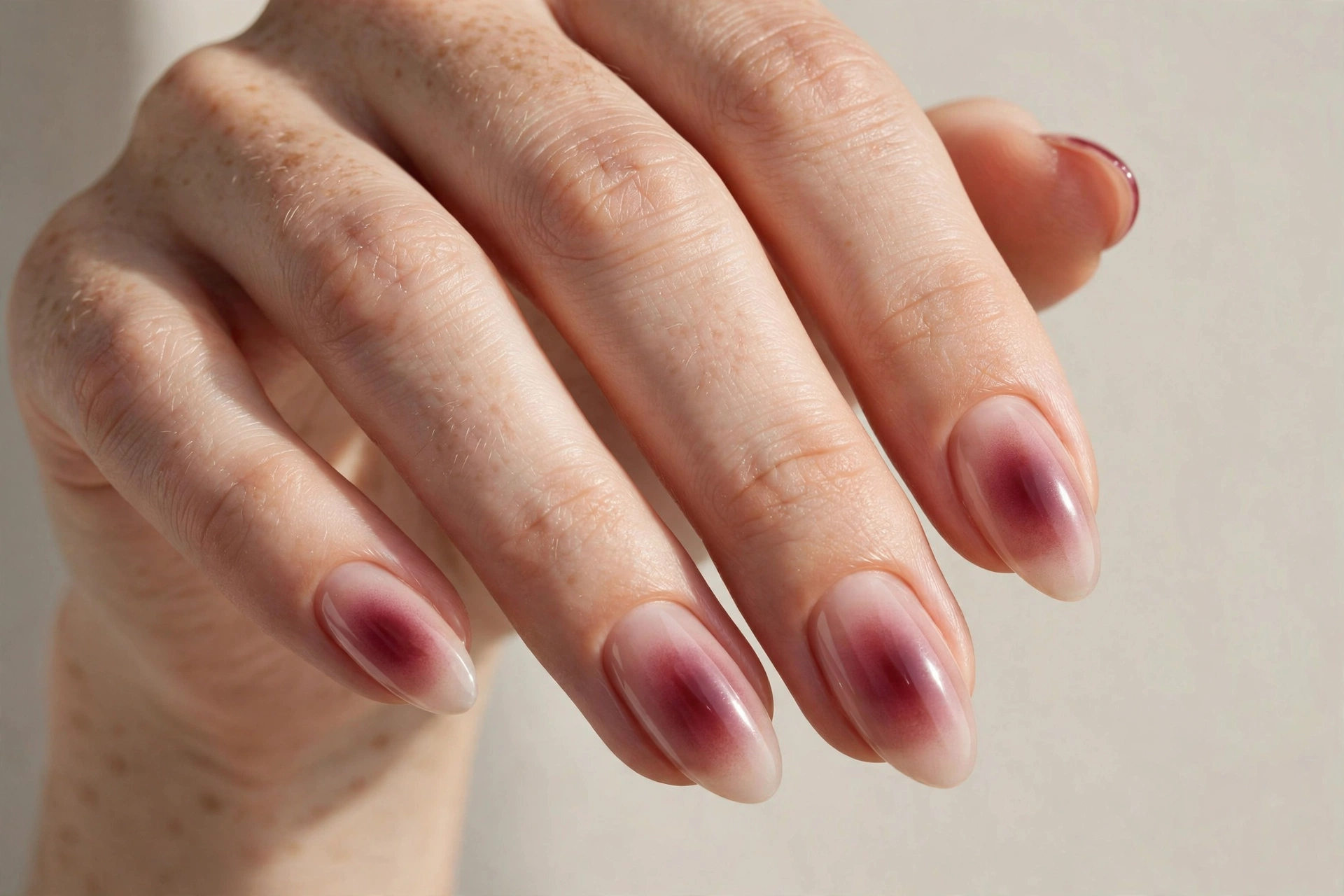 Burgundy aura nails with a soft wine-red blush over sheer nude base
