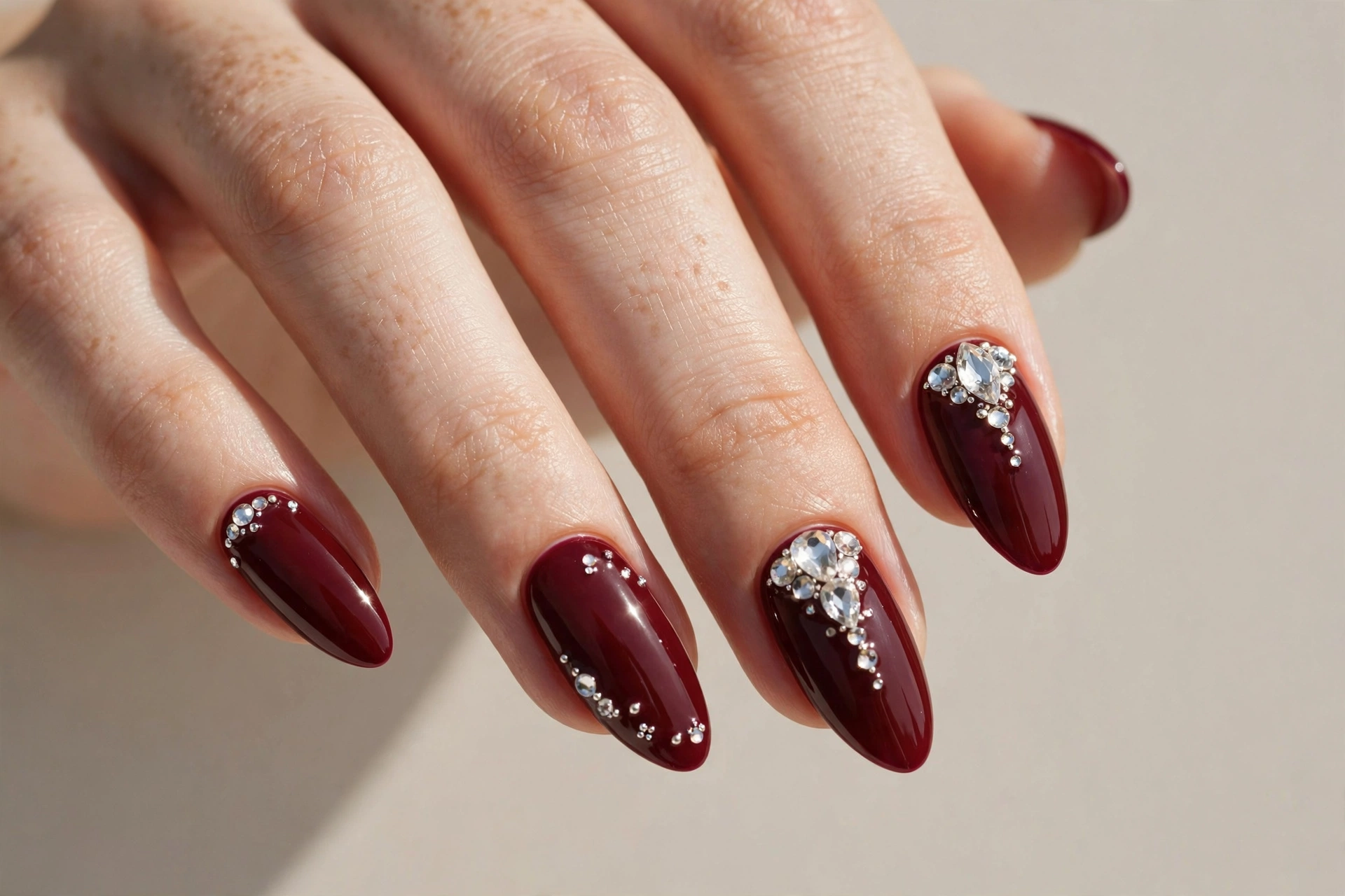 Glossy burgundy nails decorated with crystal rhinestone accents