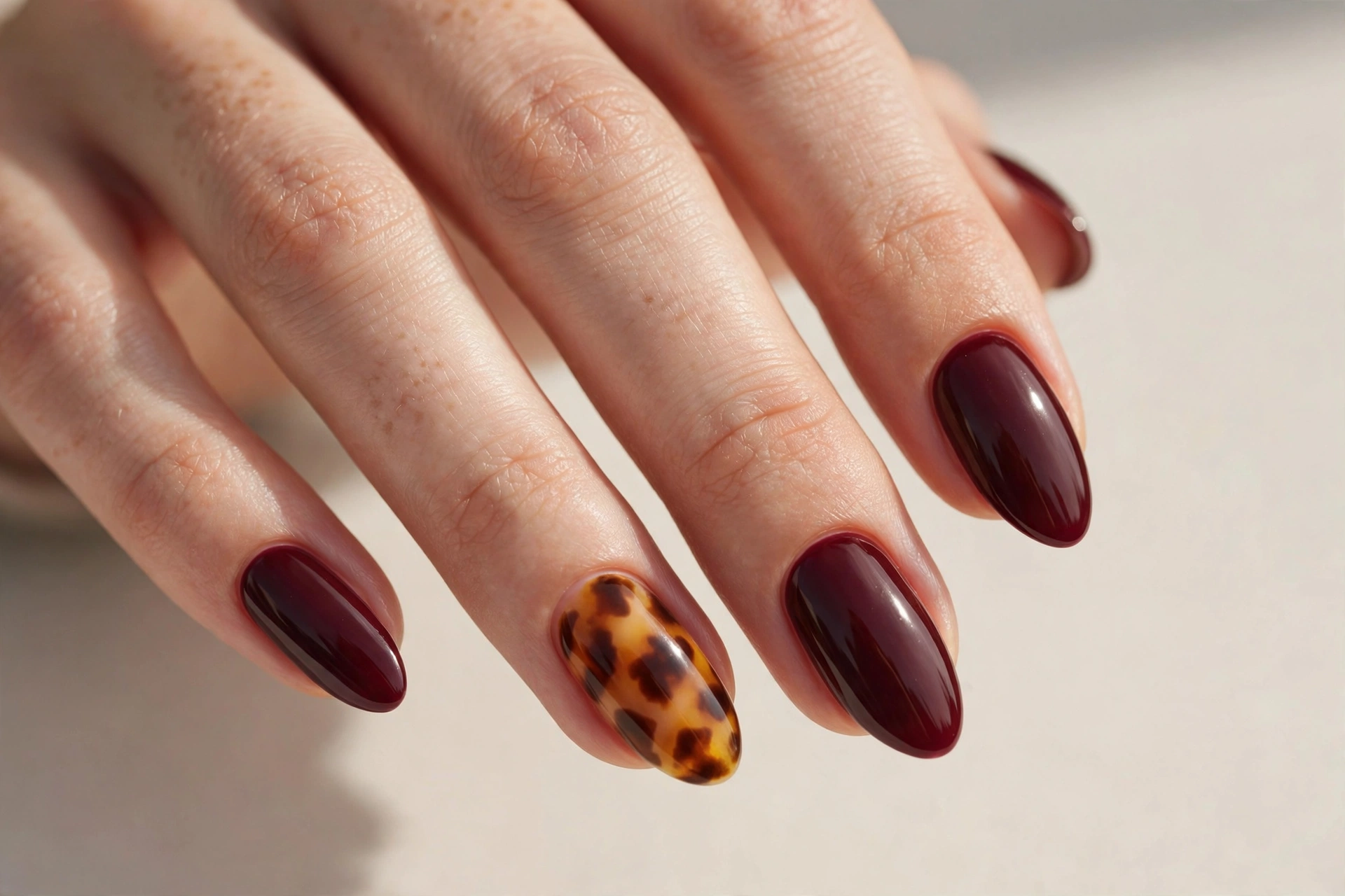 Glossy burgundy nails with a tortoiseshell print accent nail