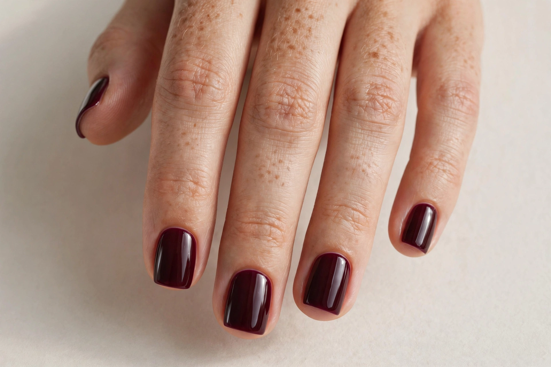 Glossy burgundy manicure on short squoval shaped nails