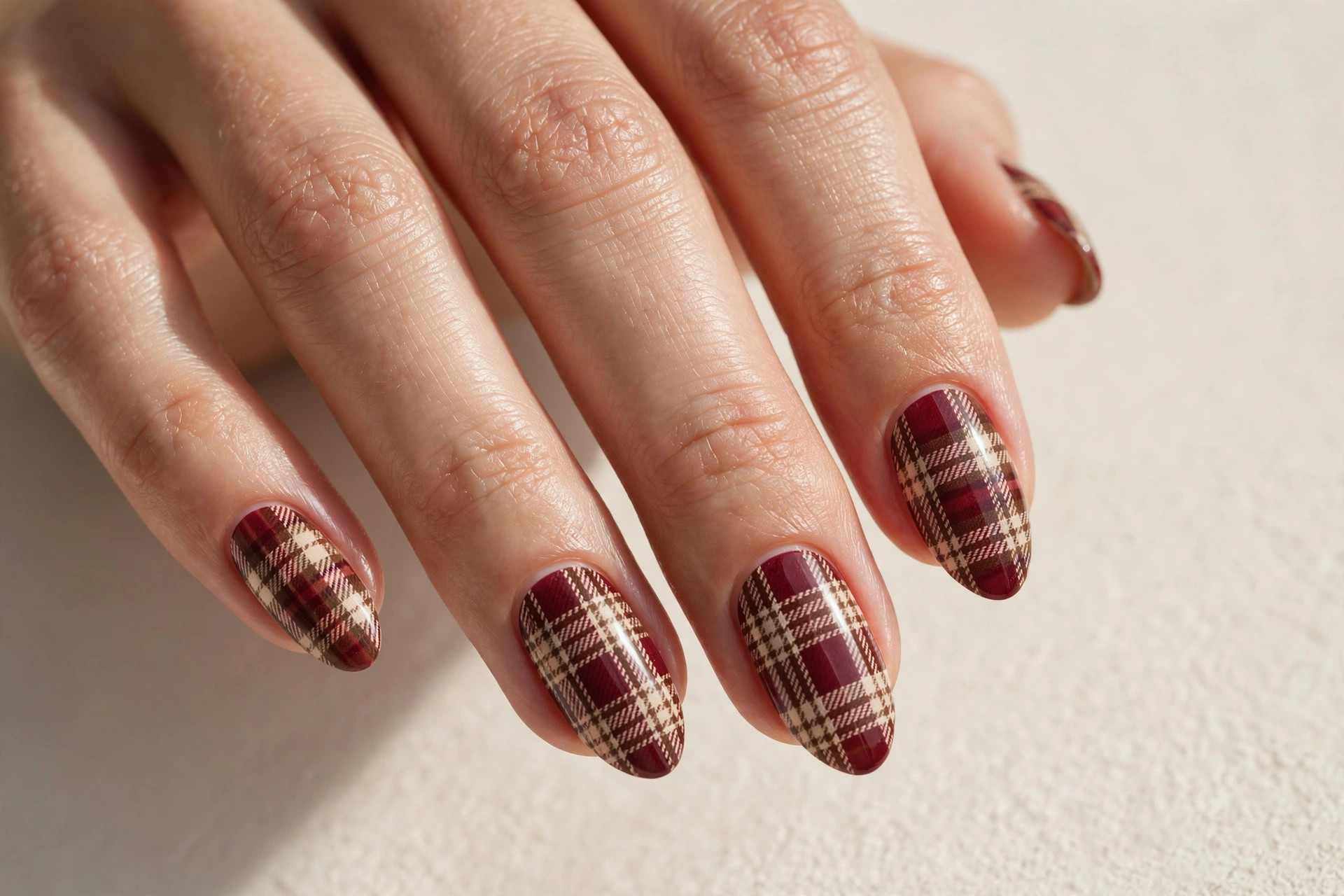 Burgundy plaid flannel nail art on almond nails