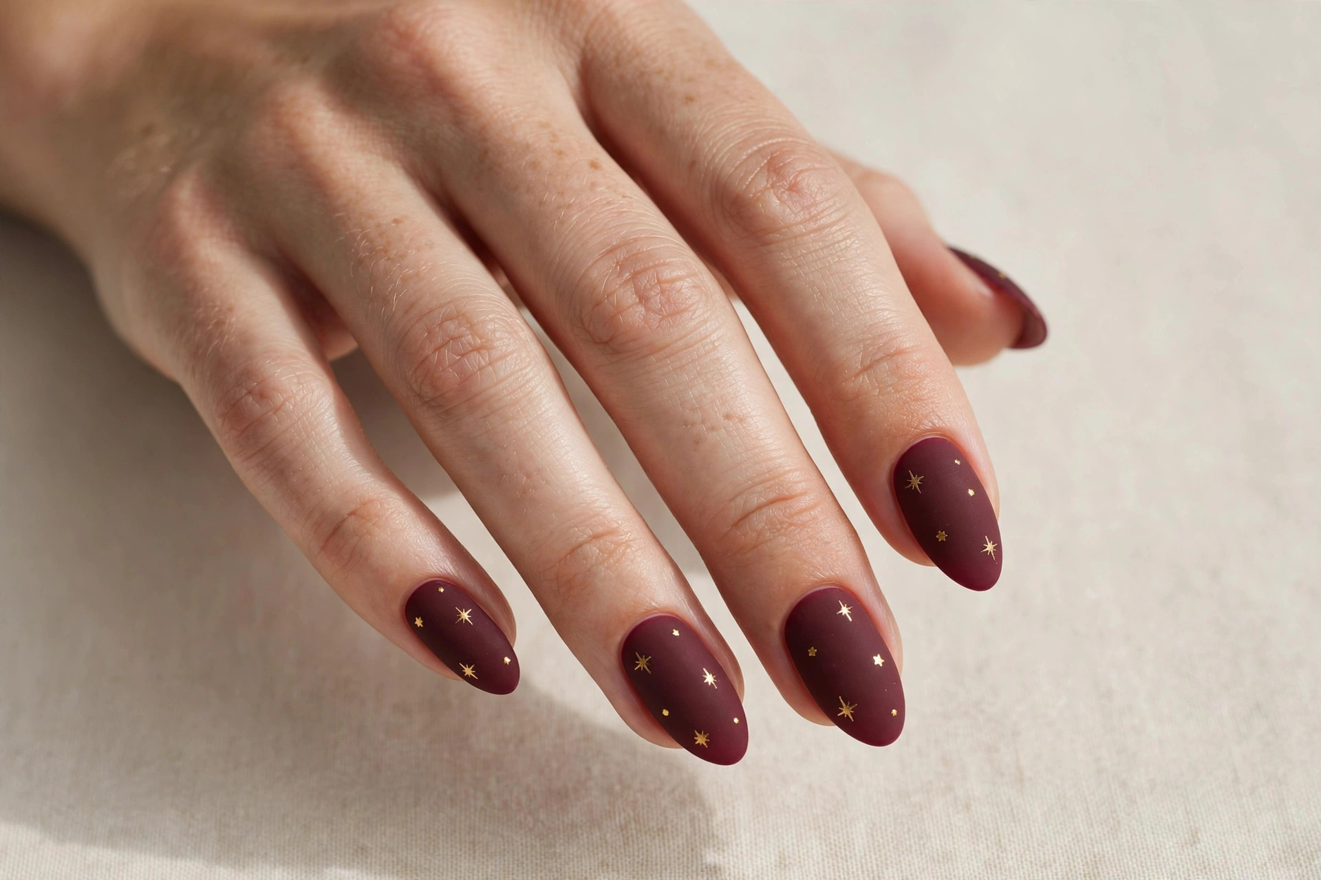 Matte burgundy almond nails with tiny gold star accents