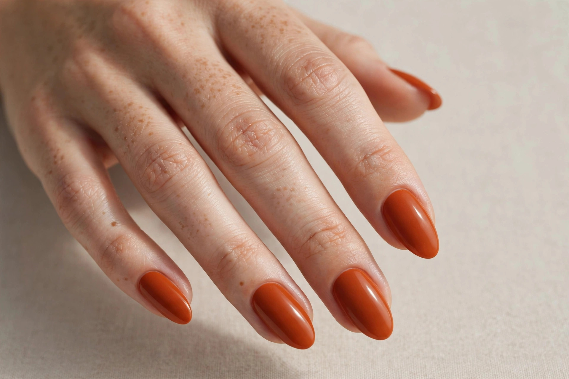 Close-up of a woman's hand with burnt orange fall manicure on almond shaped nails