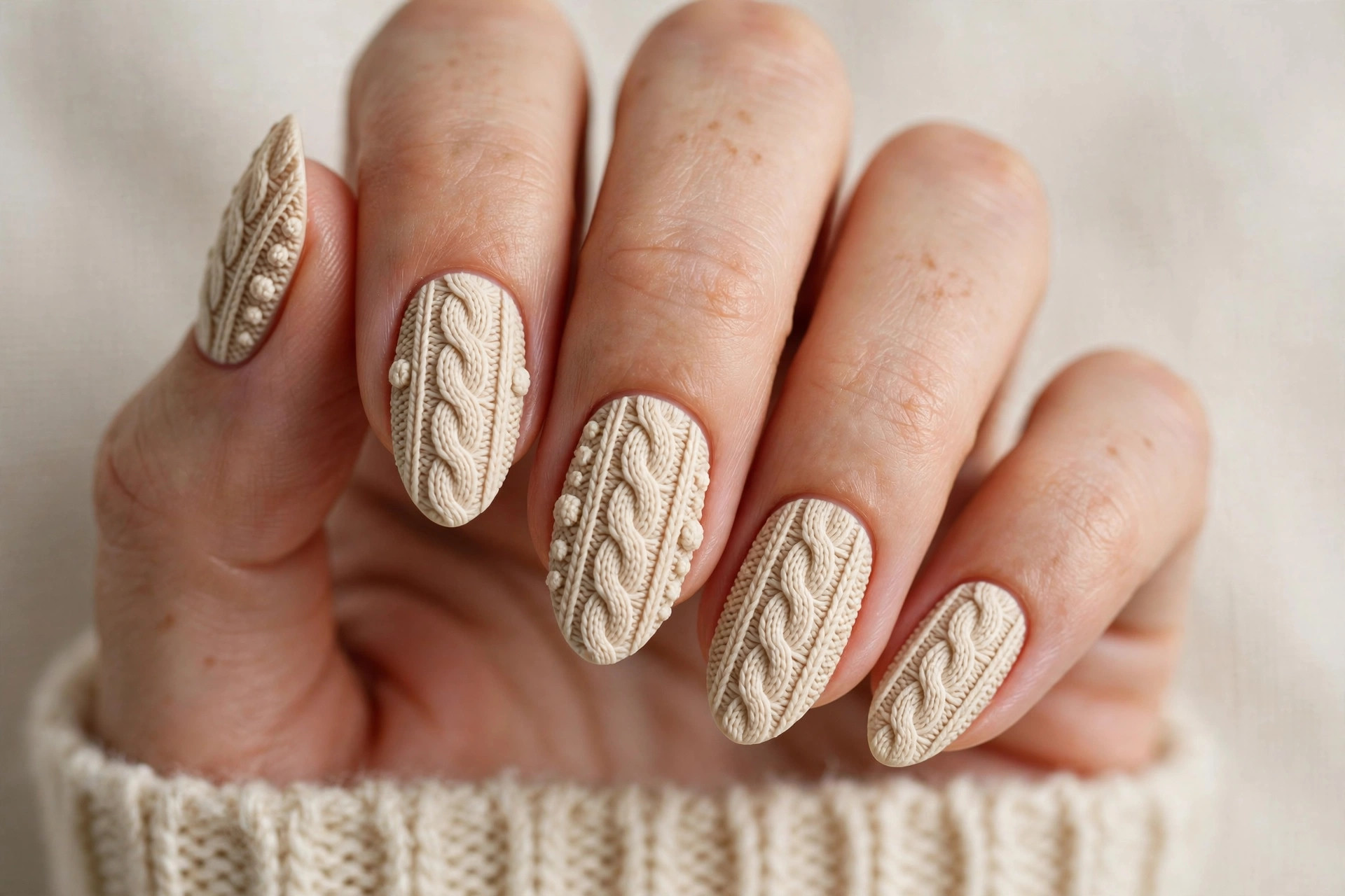 Cream cable knit sweater texture nail art