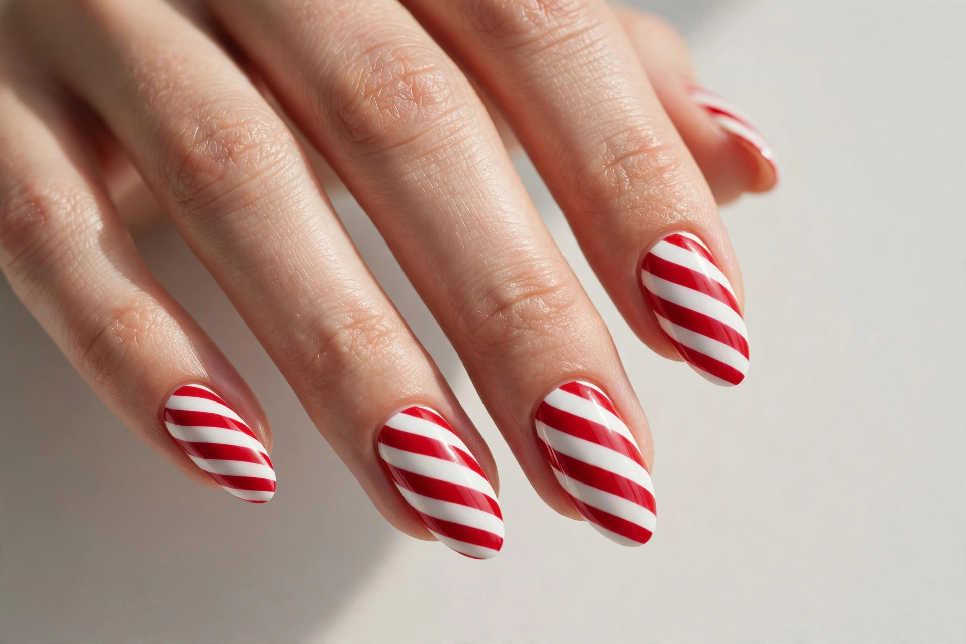 Almond nails with red and white candy cane stripe nail art