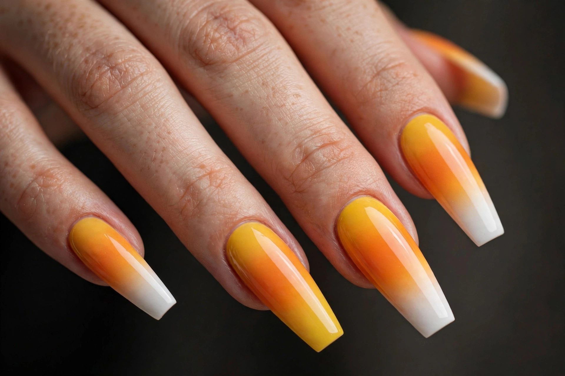 Long coffin nails with glossy candy corn ombre fading from yellow to orange to white