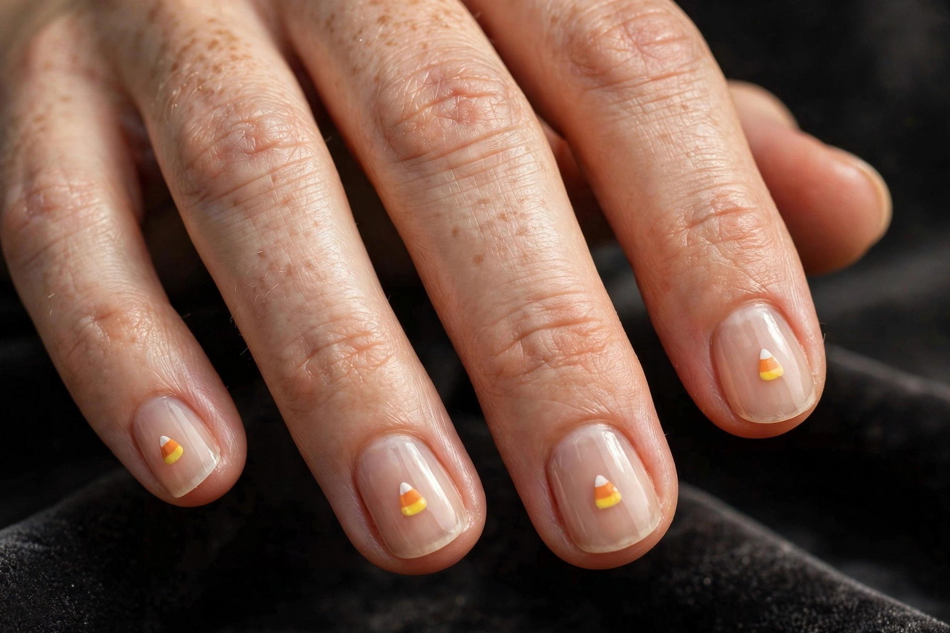 Short round nails on a nude base with tiny hand-painted candy corn shapes