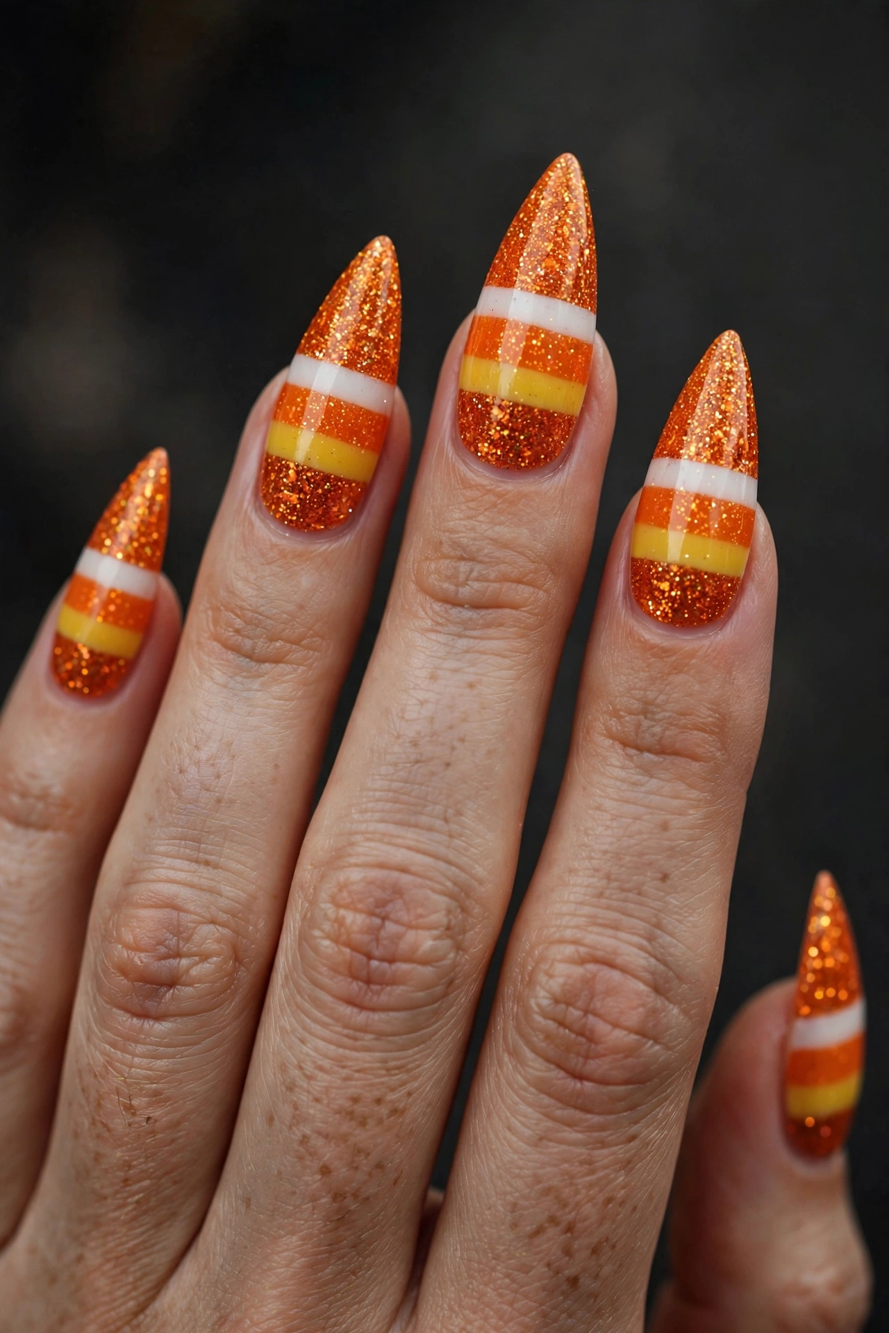 Stiletto nails in orange glitter with white and yellow candy corn stripe bands