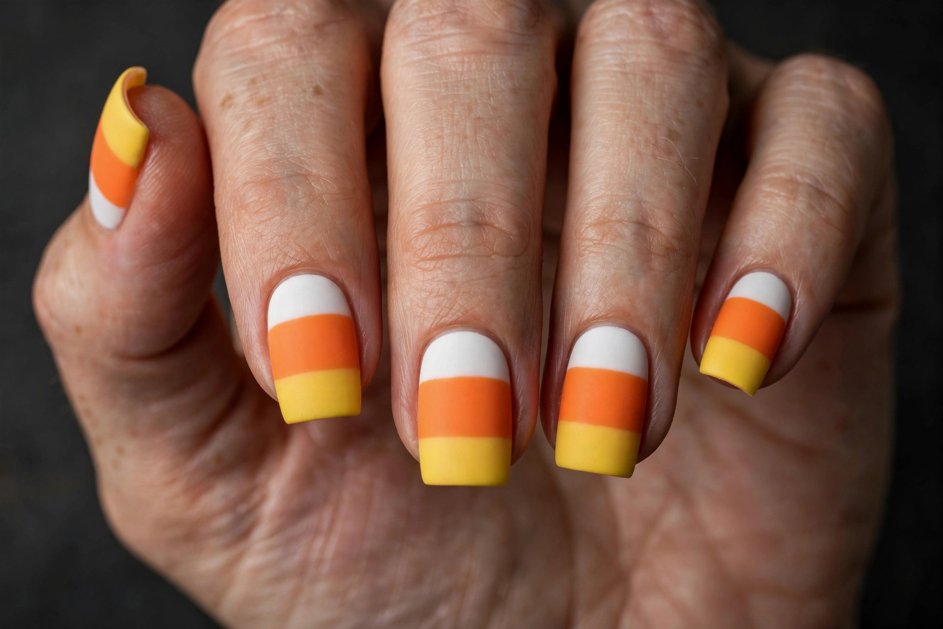 Square nails in matte candy corn tri-color horizontal blocks of white, orange and yellow