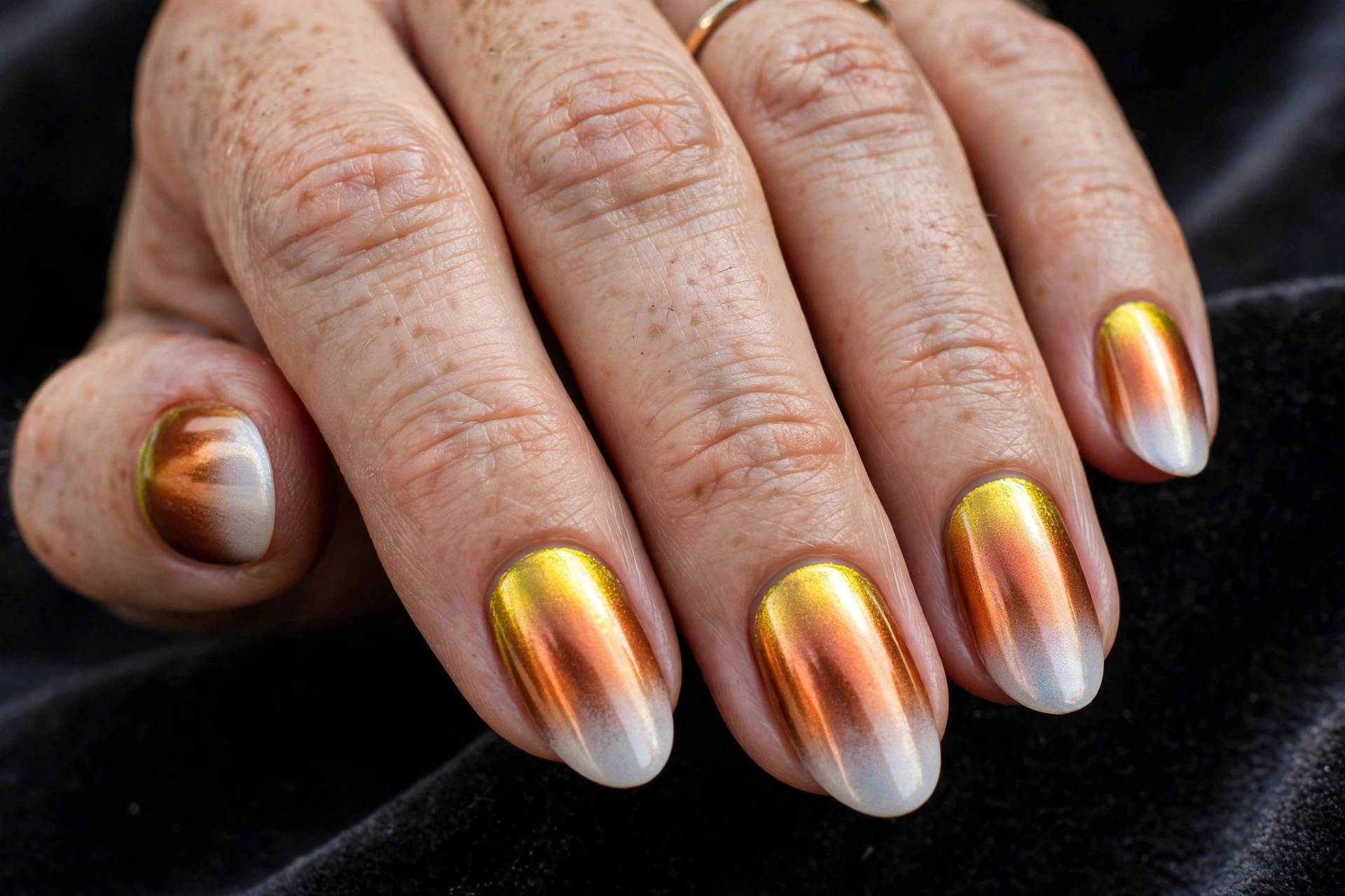 Oval nails in metallic chrome candy corn gradient from yellow to copper orange to pearly white