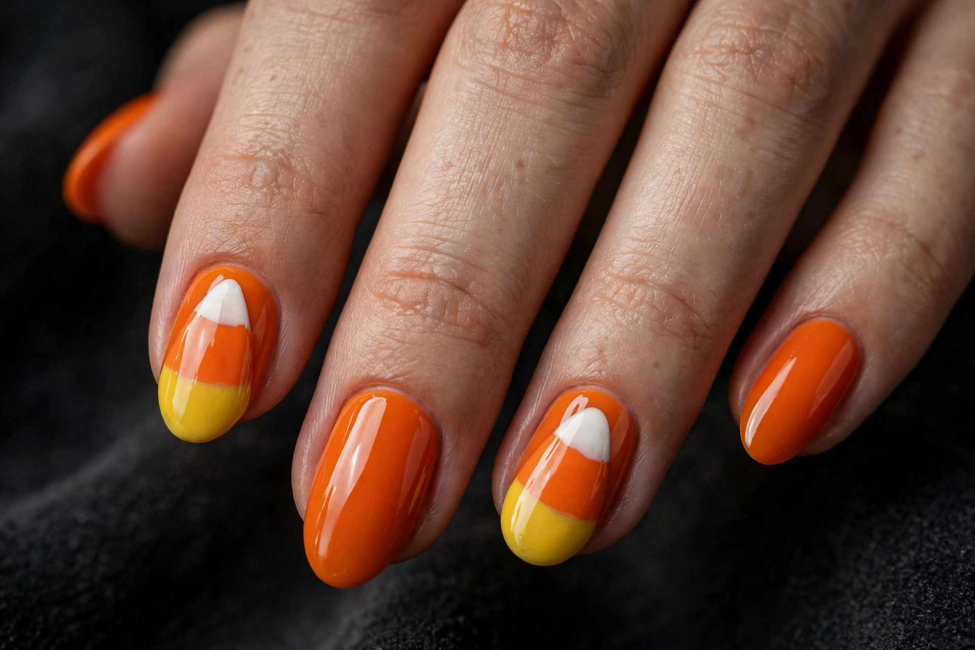 Almond nails in glossy pumpkin orange with two candy corn accent nails