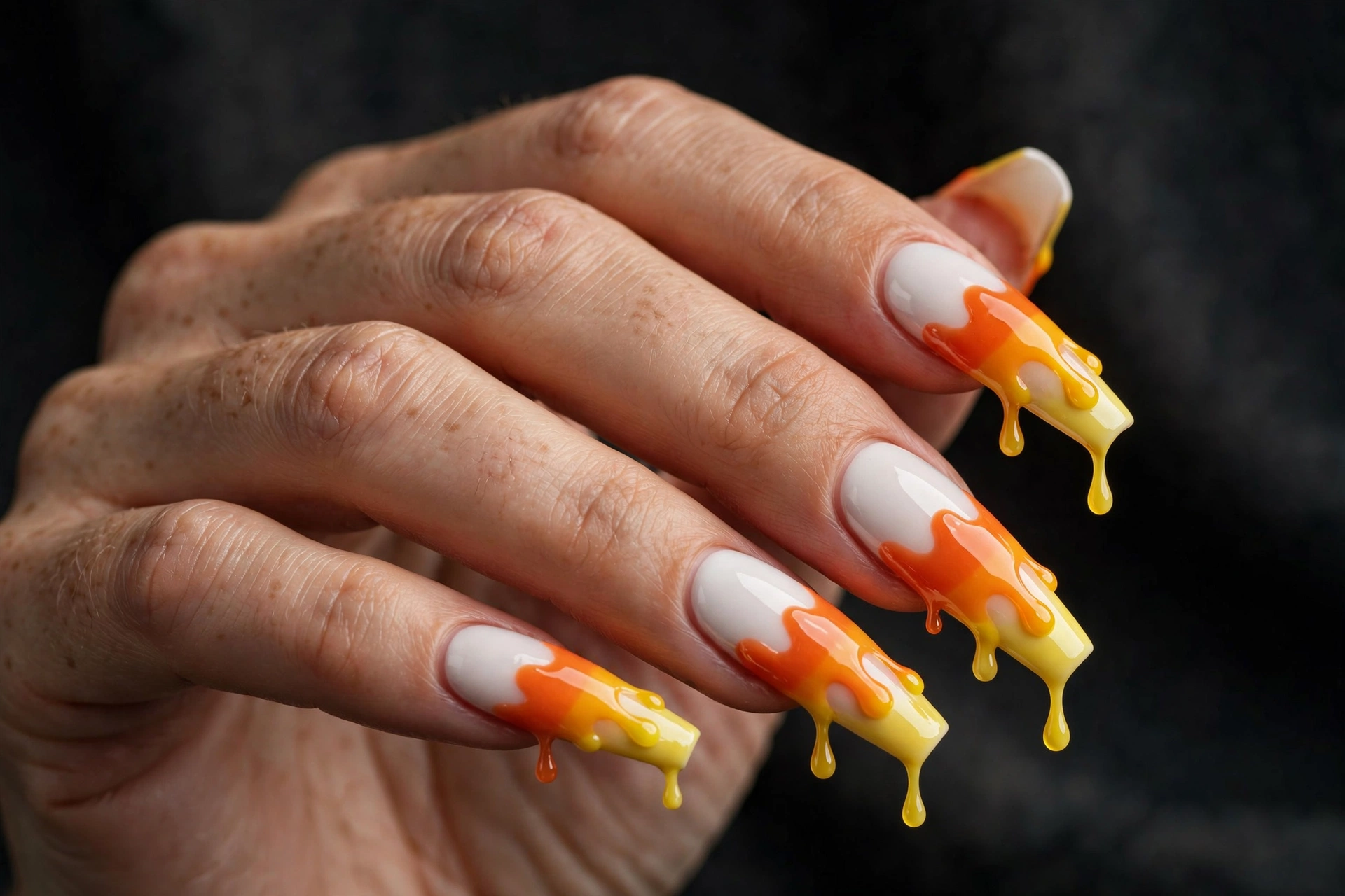 Long coffin nails on a white base with orange and yellow candy corn drip tips