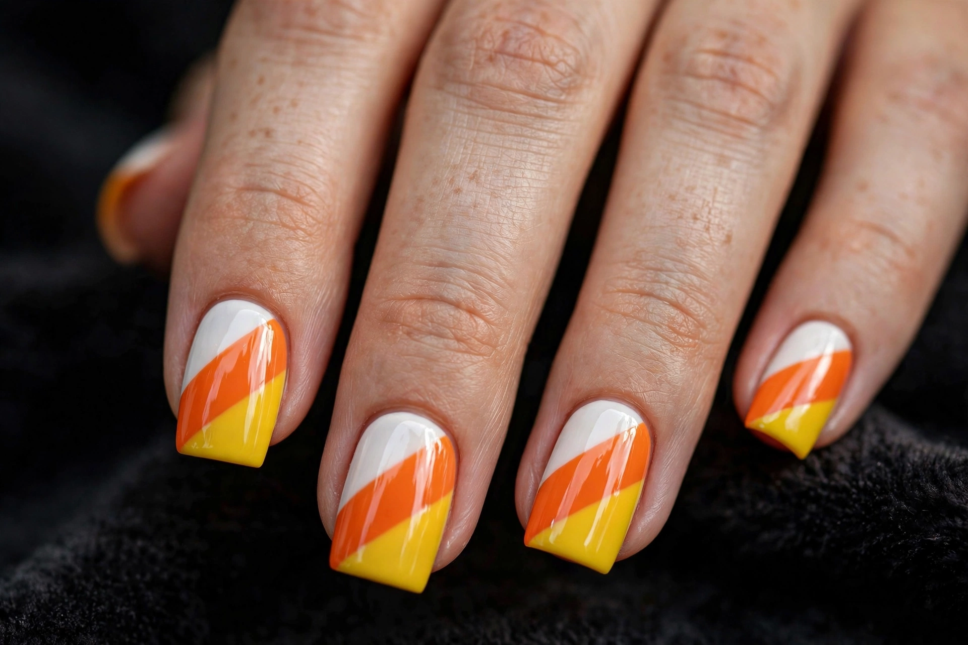 Square nails with diagonal candy corn stripes in white, orange and yellow