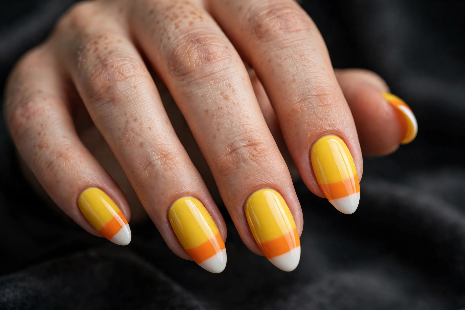 Almond nails on a bright yellow base with white and orange candy corn French tips