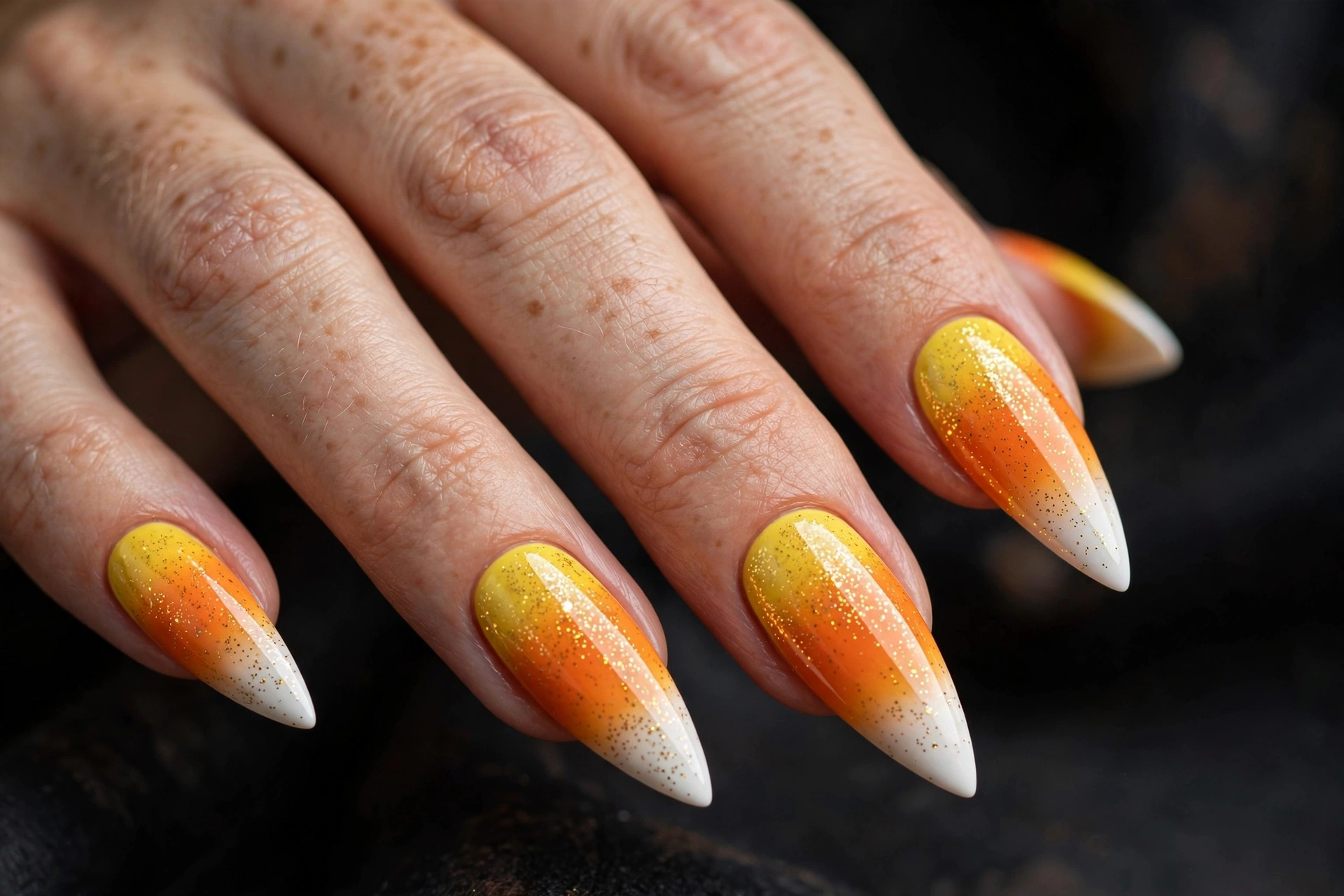 Stiletto nails in candy corn ombre with a fine gold glitter top coat