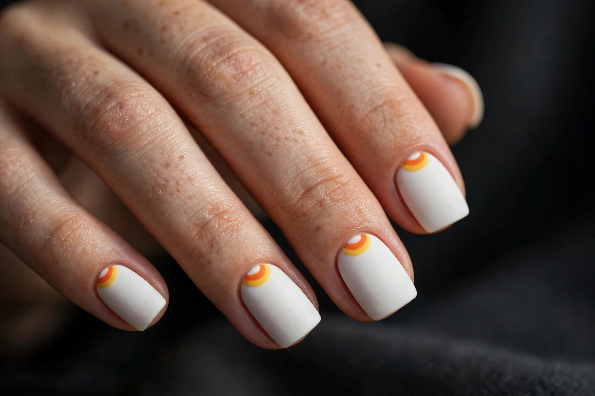 Short square nails in matte white with candy corn half-moon designs at the cuticle