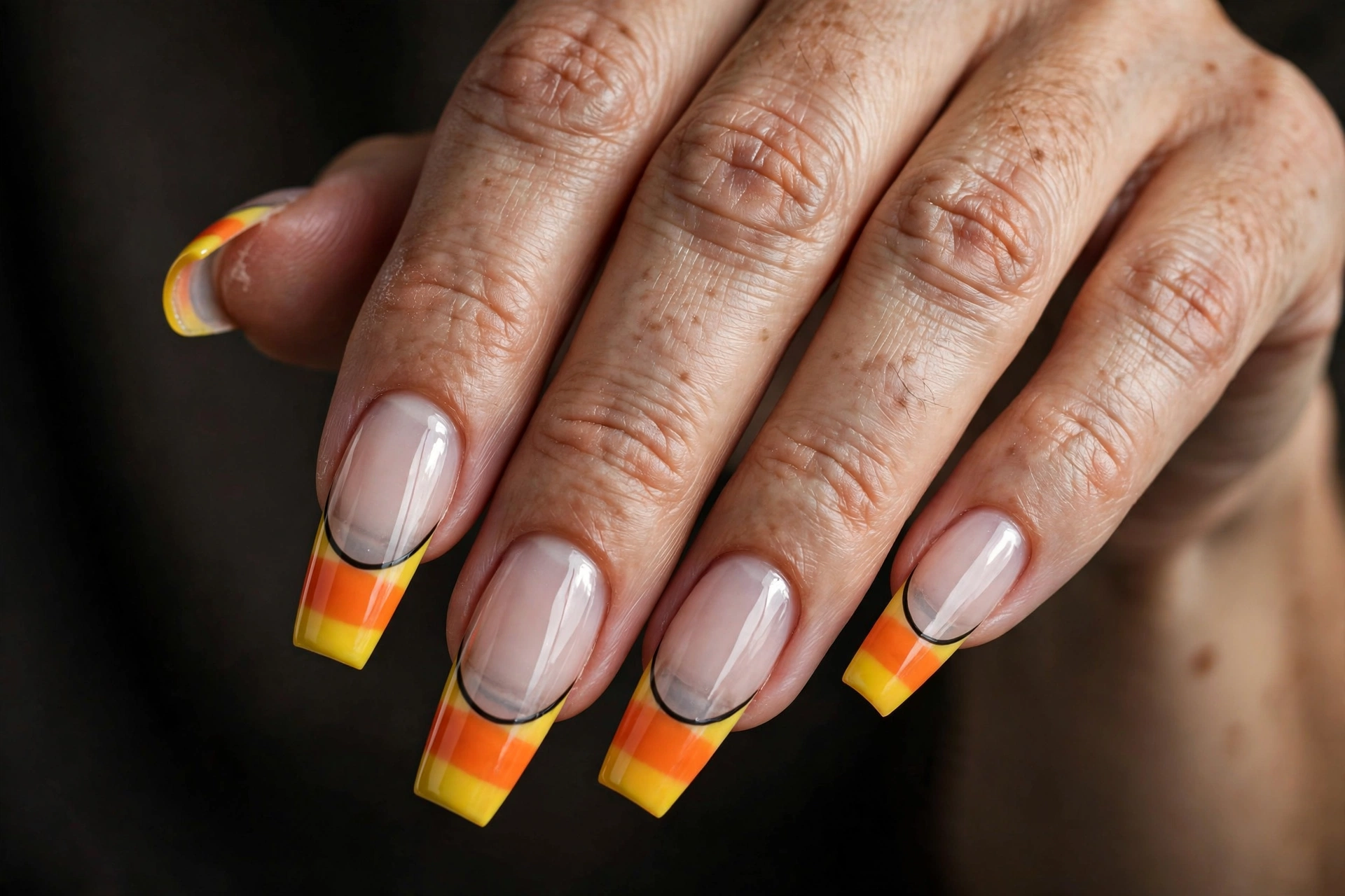 Long coffin nails with candy corn French tips edged in thin black outline