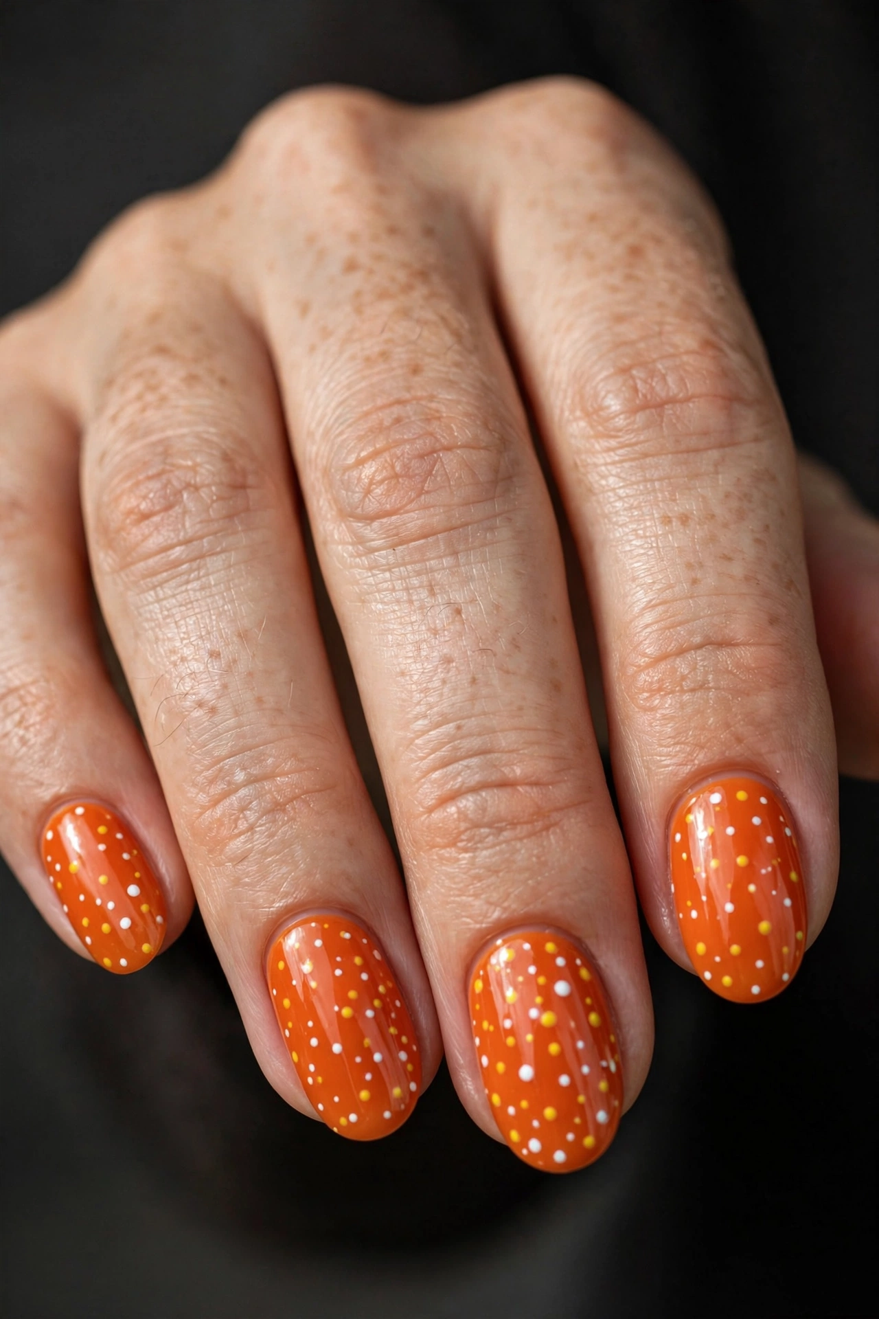 Oval nails in pumpkin orange with white and yellow candy corn dot art