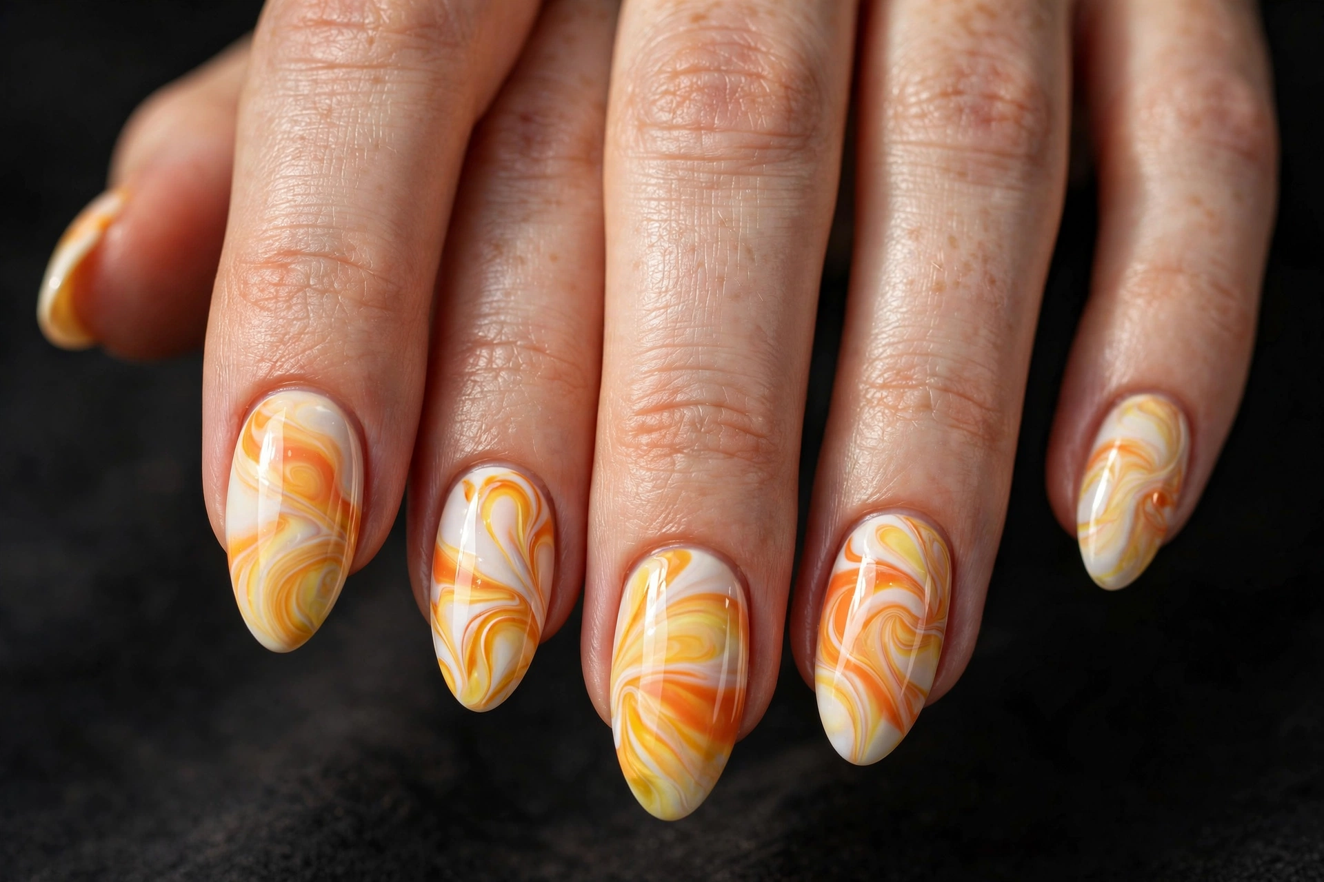 Almond nails with candy corn marble swirls in white, orange and yellow