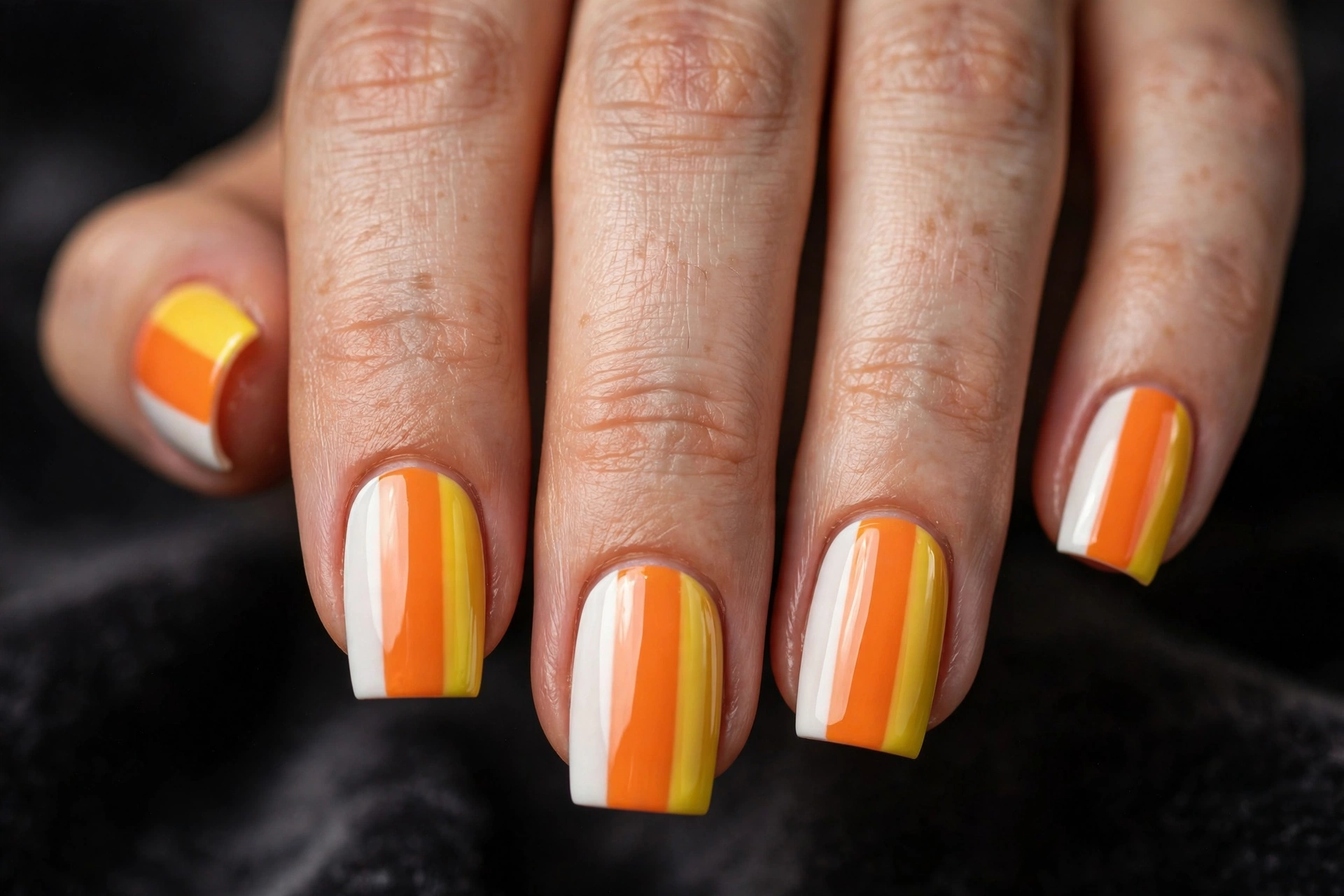 Square nails with vertical candy corn stripes in white, orange and yellow