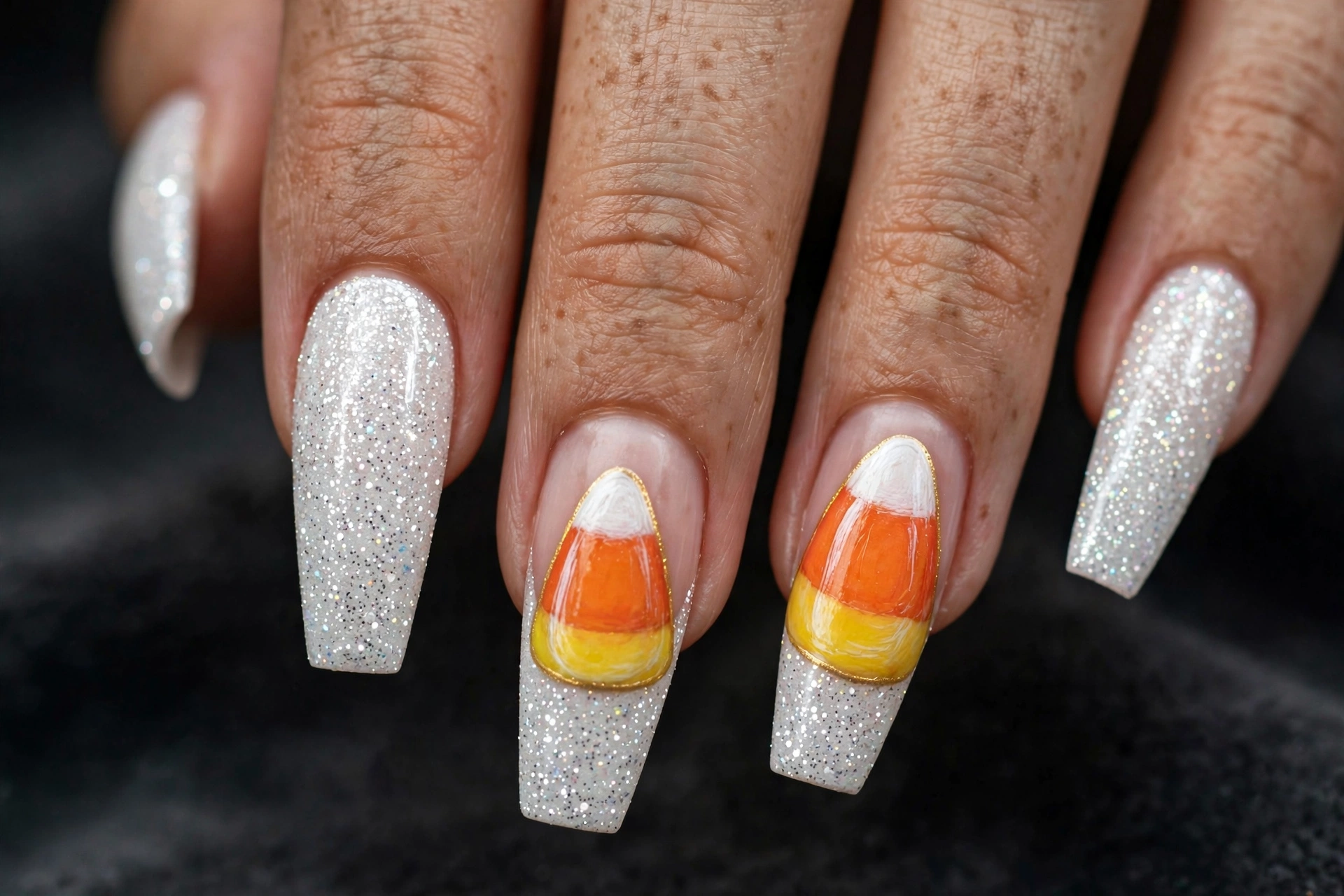 Long coffin nails in white glitter with large candy corn accent art