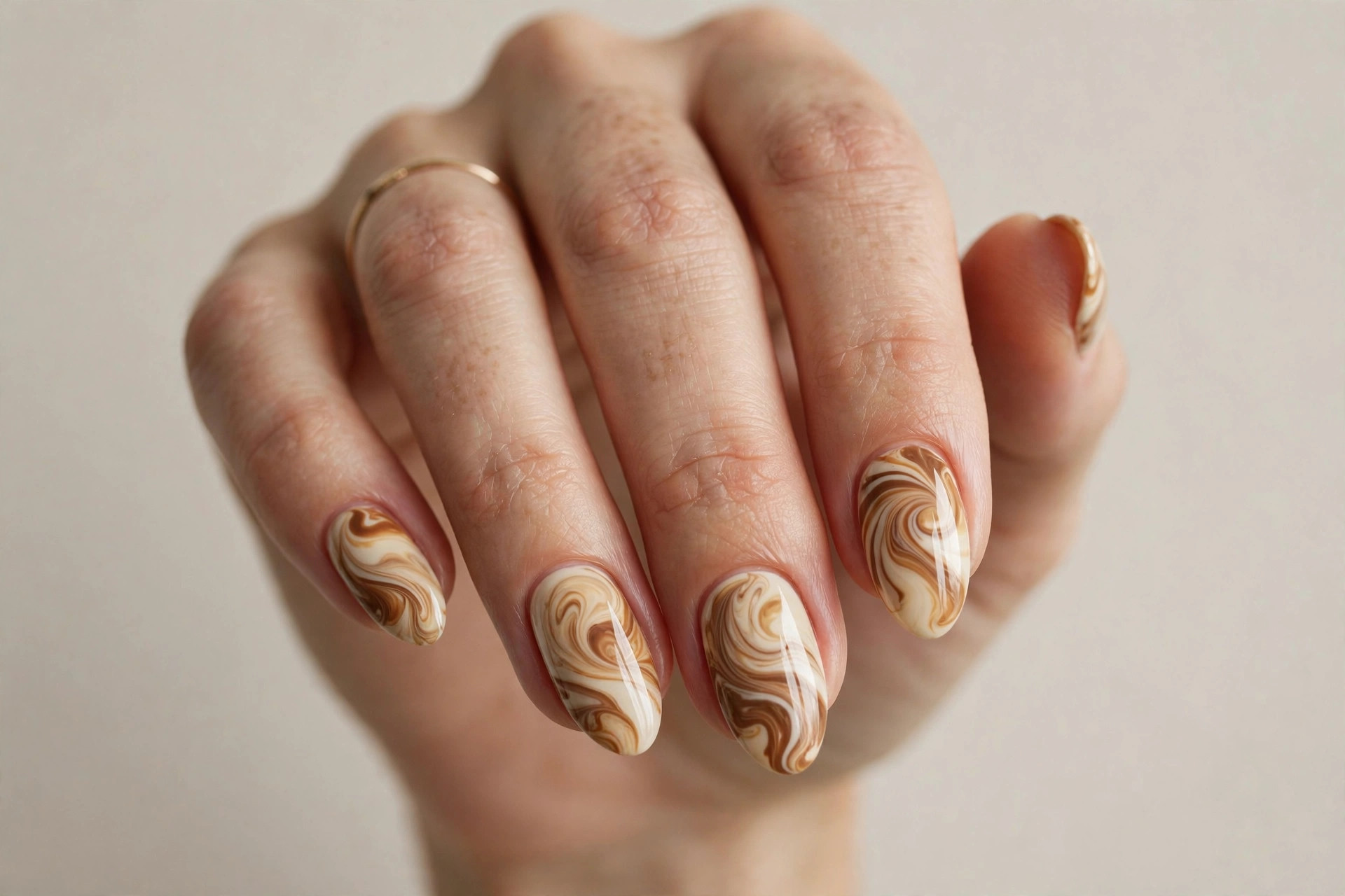 Caramel latte marble nail design