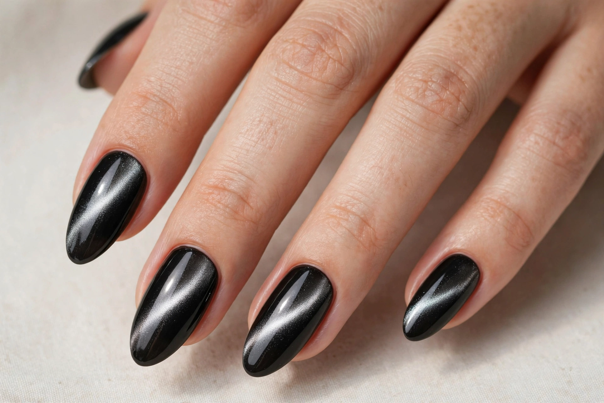 Classic black cat eye magnetic nails with silver light band on almond nails