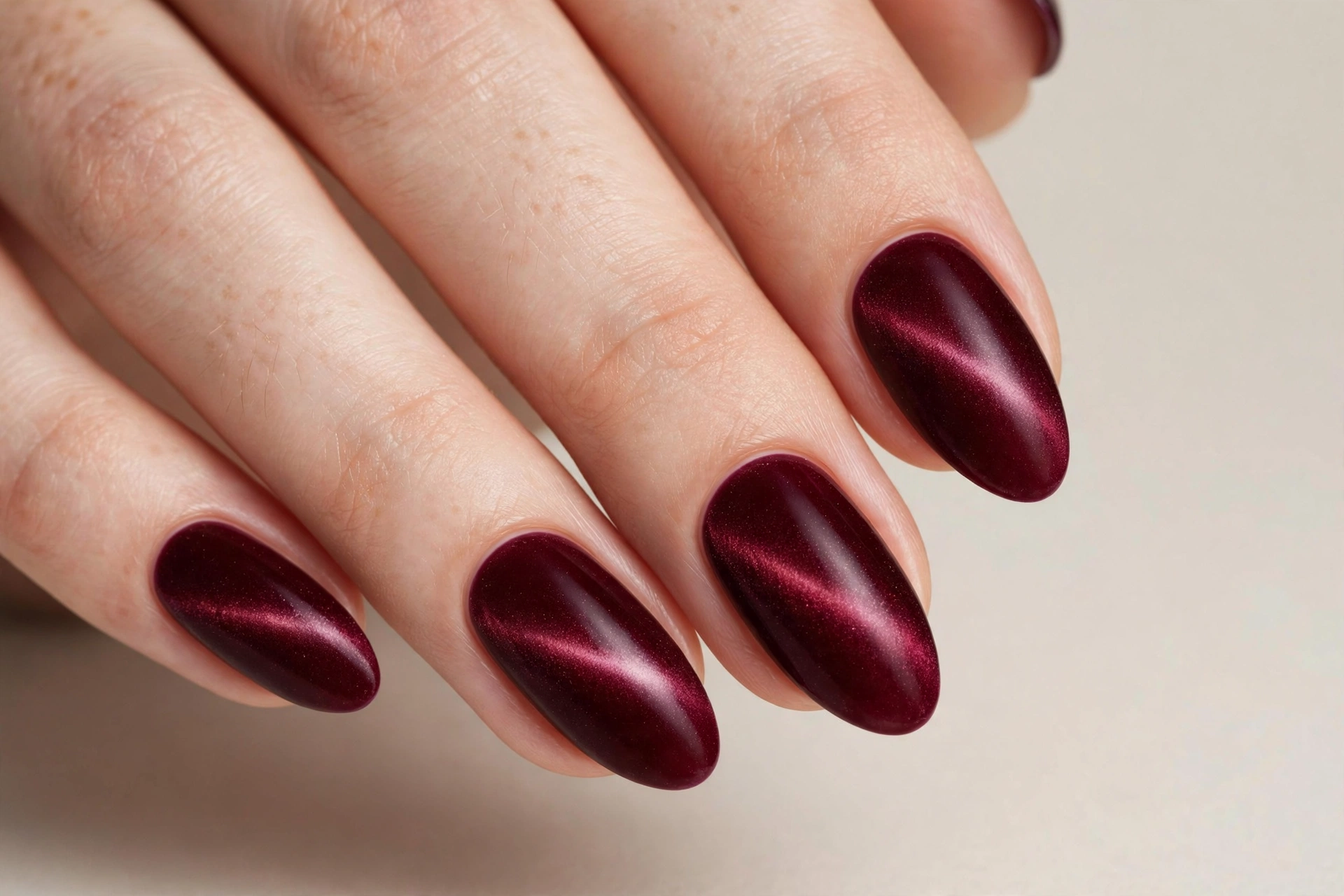 Deep burgundy velvet cat eye magnetic nails with soft glowing band