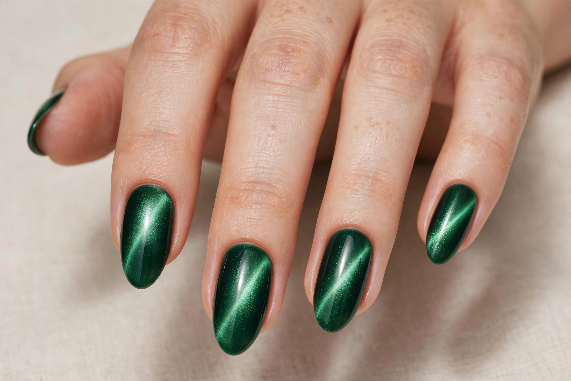 Emerald green cat eye magnetic nails with jewel-like light band