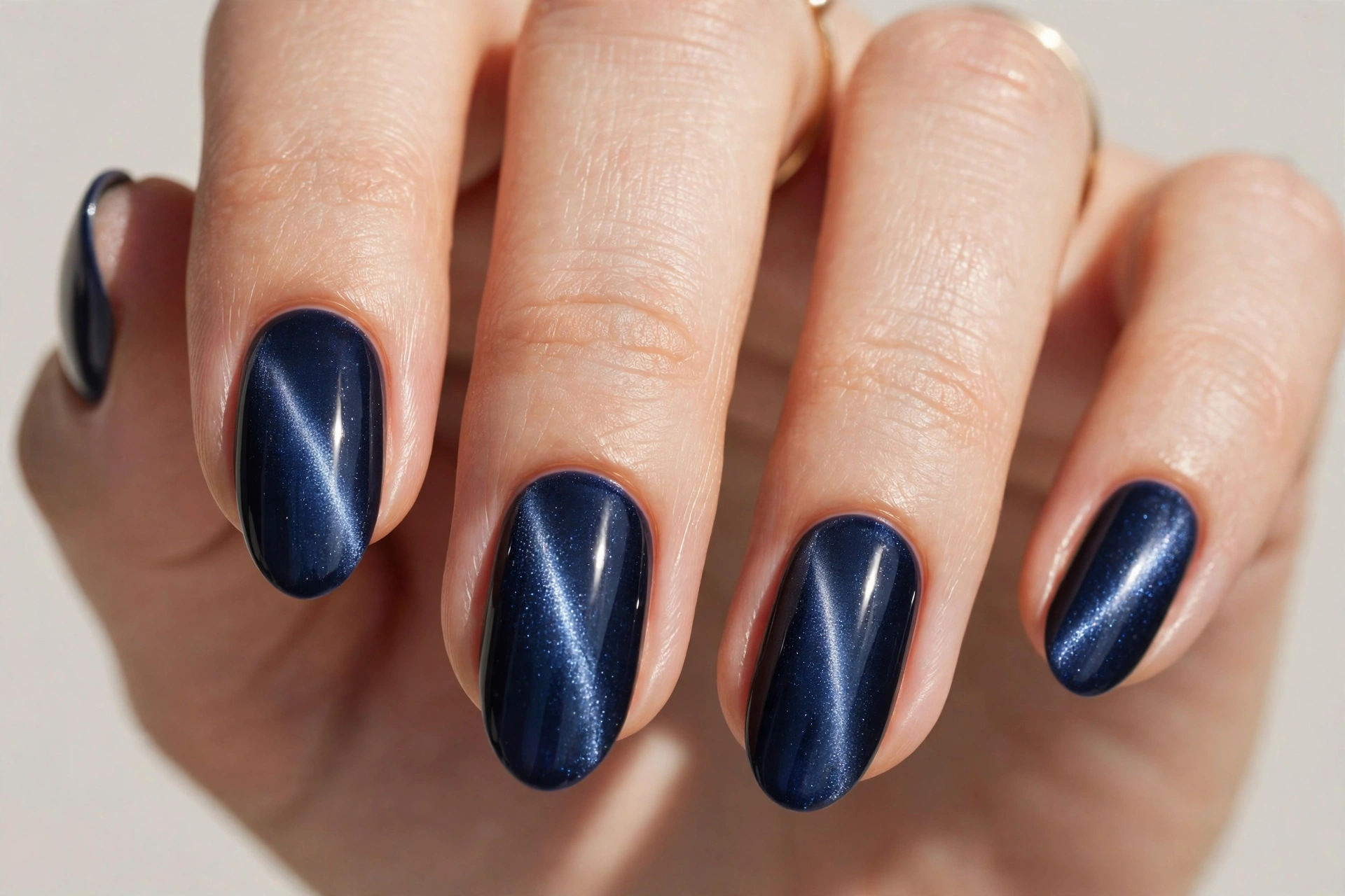 Navy blue cat eye magnetic nails with shimmering light stripe