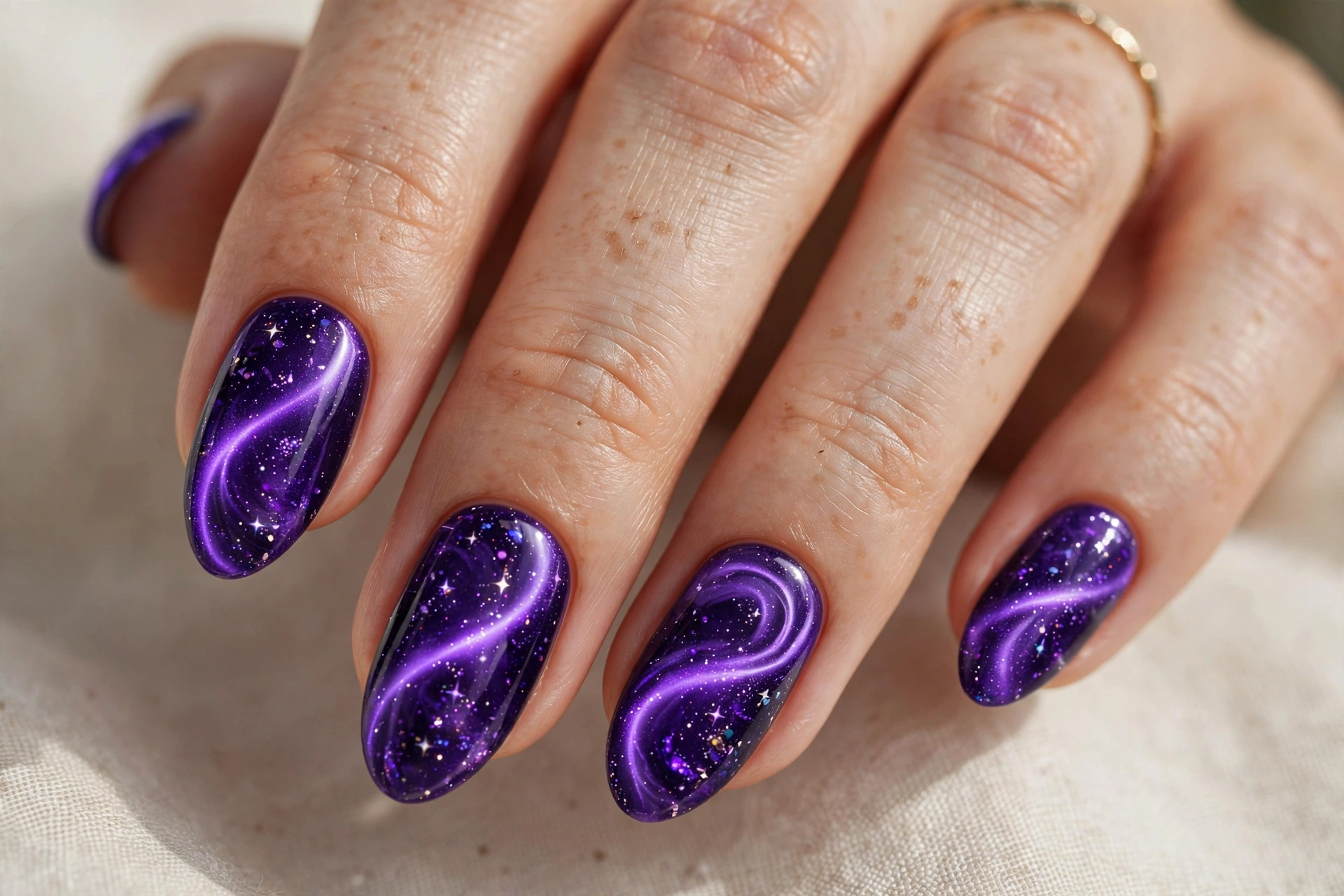 Purple galaxy cat eye magnetic nails with violet band and starry shimmer