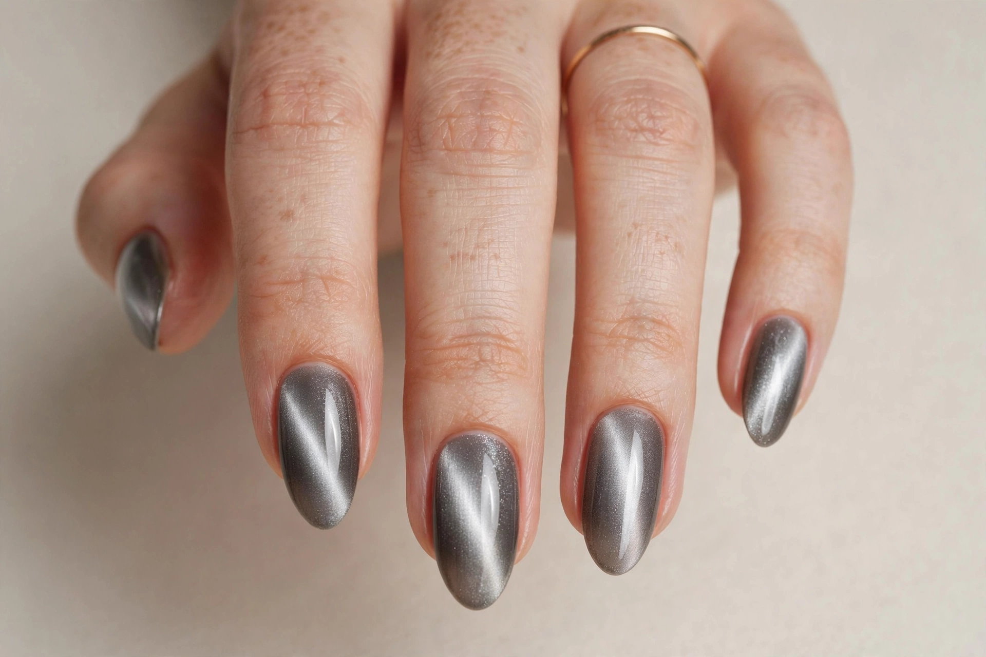 Silver grey cat eye magnetic nails with metallic light stripe