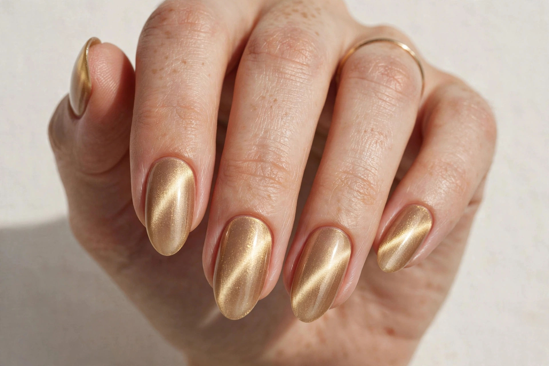 Champagne gold cat eye magnetic nails with luminous golden band