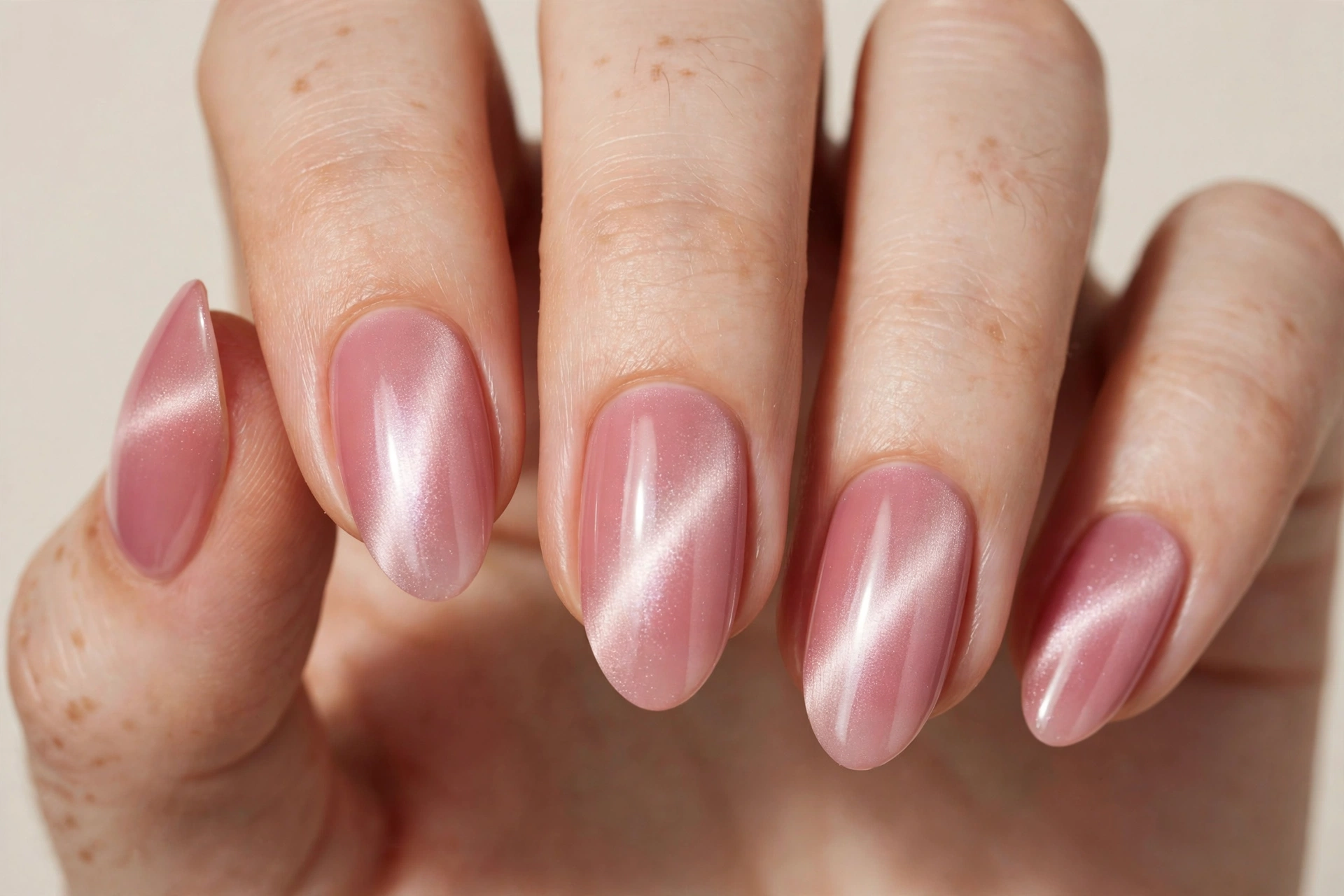 Rose pink cat eye magnetic nails with soft pearly band