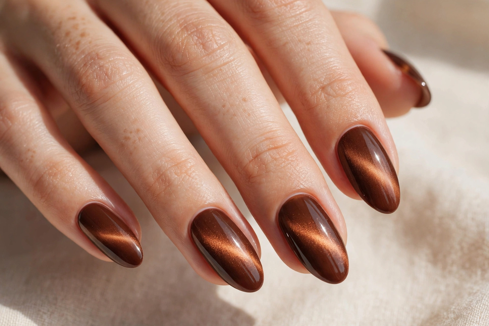 Chocolate brown cat eye magnetic nails with warm glowing band