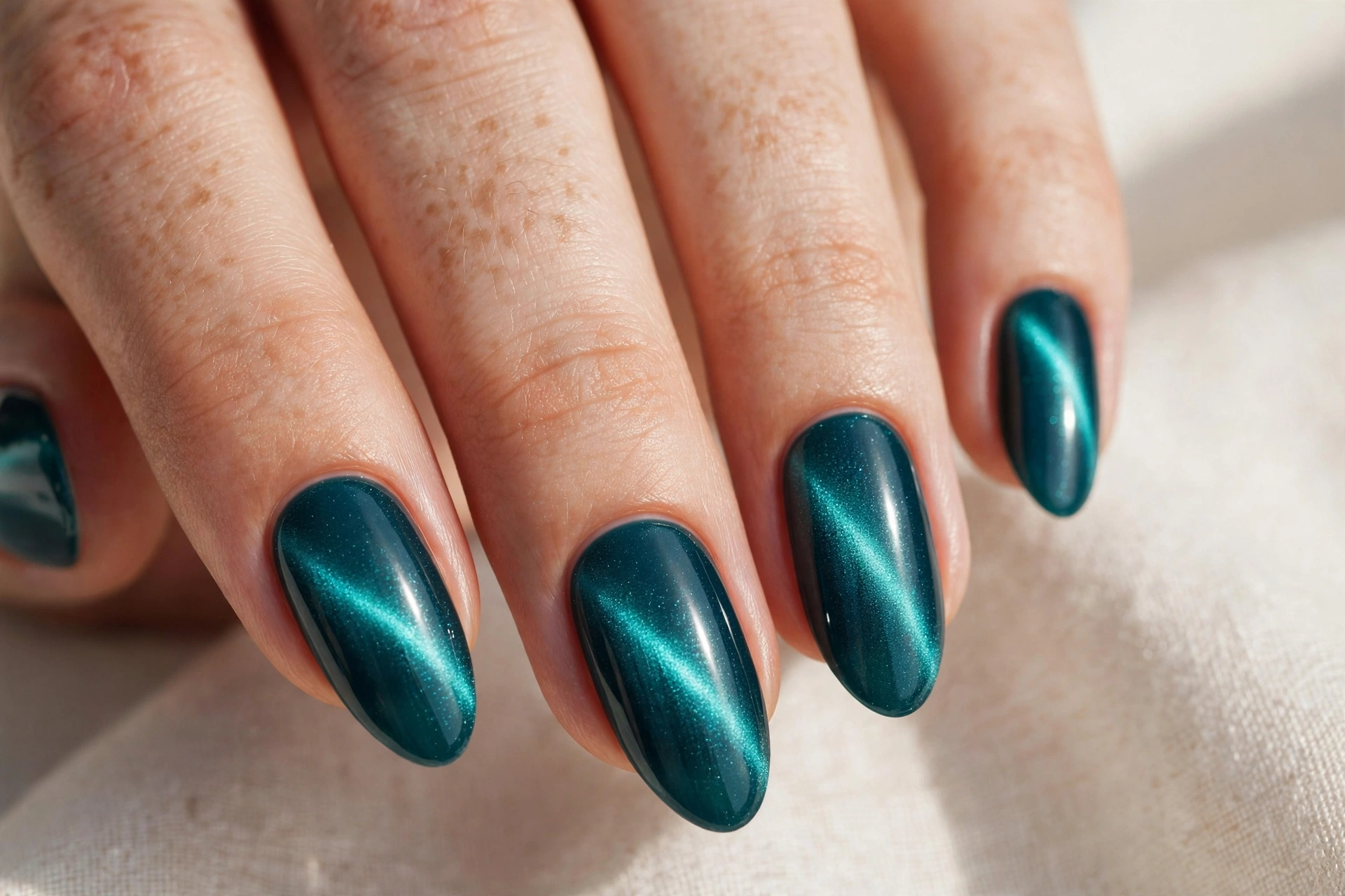 Teal cat eye magnetic nails with bright aqua light band