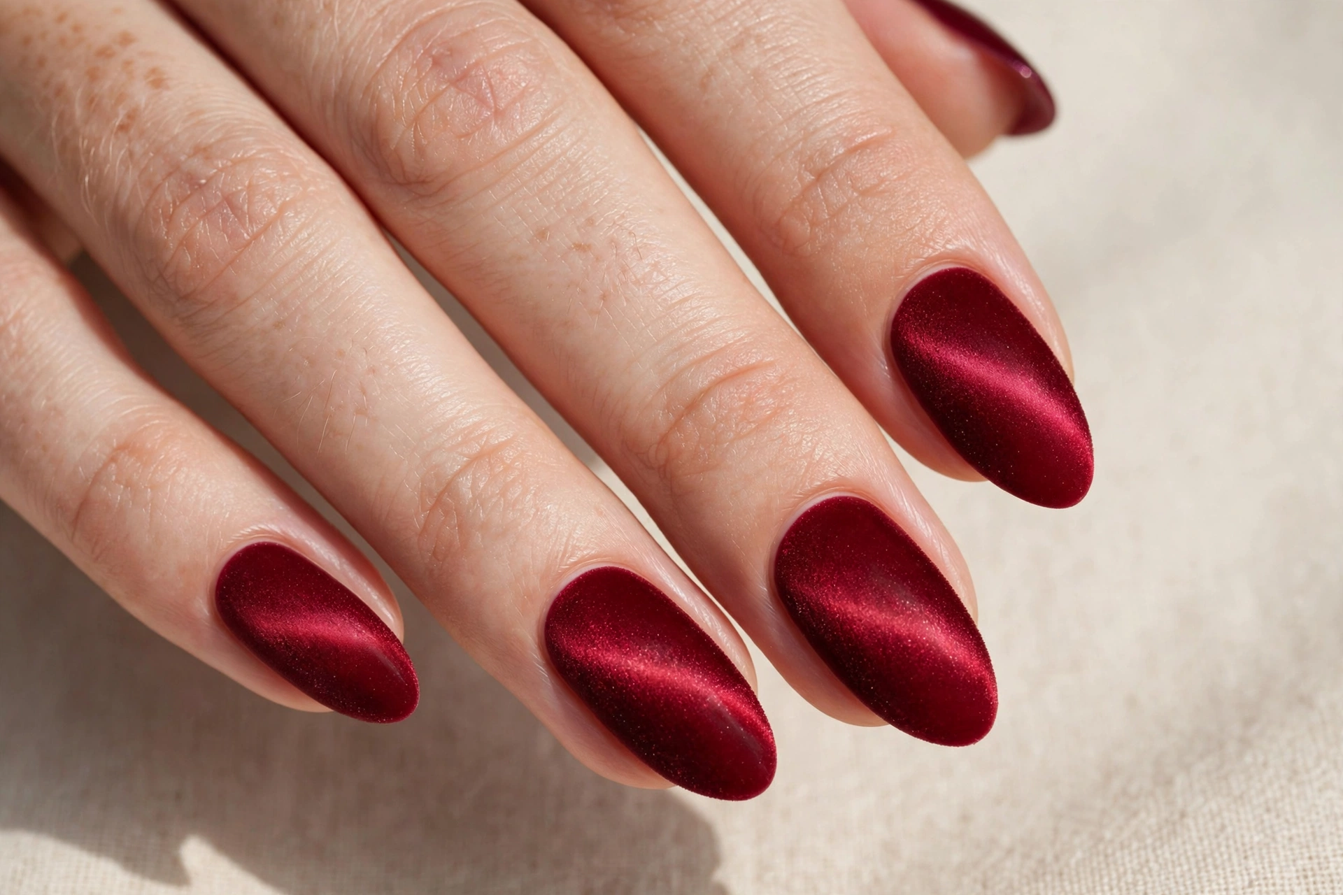 Velvet red cat eye magnetic nails with plush crimson band