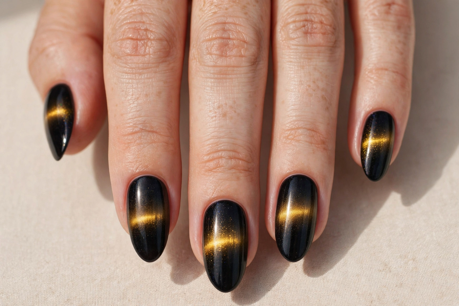 Midnight black cat eye magnetic nails with radiant gold band