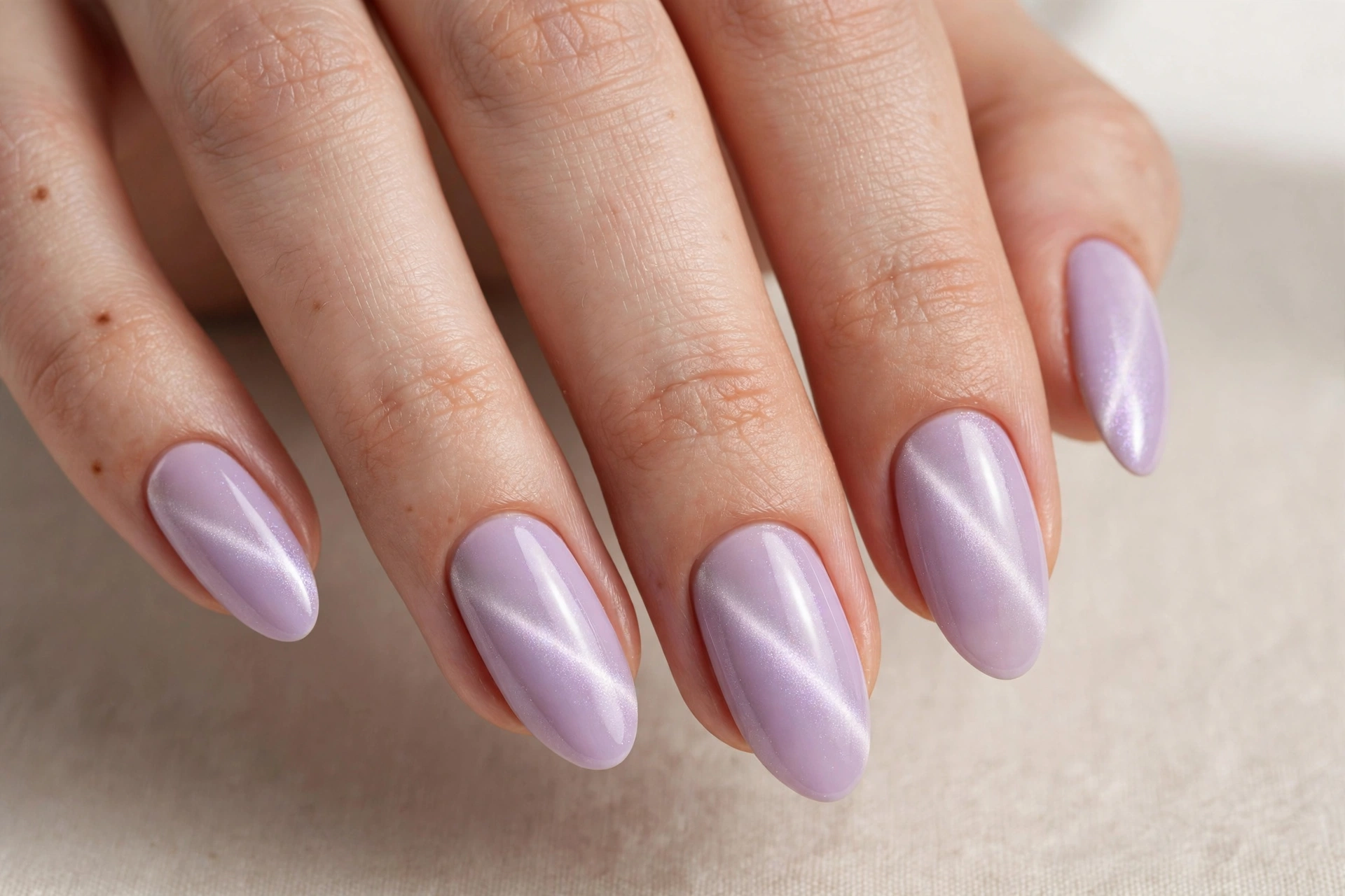 Pastel lilac cat eye magnetic nails with delicate pearly band