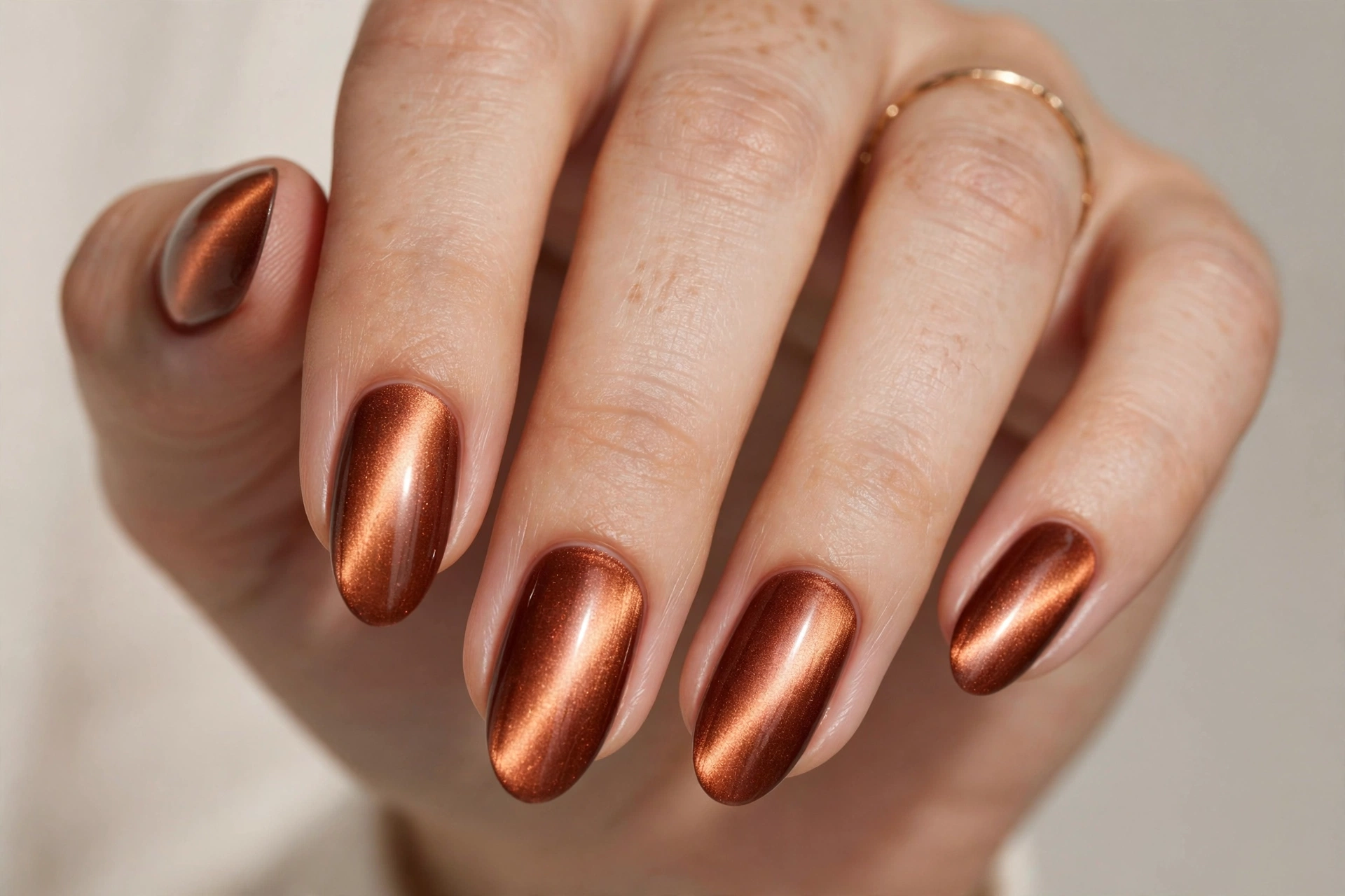 Copper cat eye magnetic nails with warm metallic band