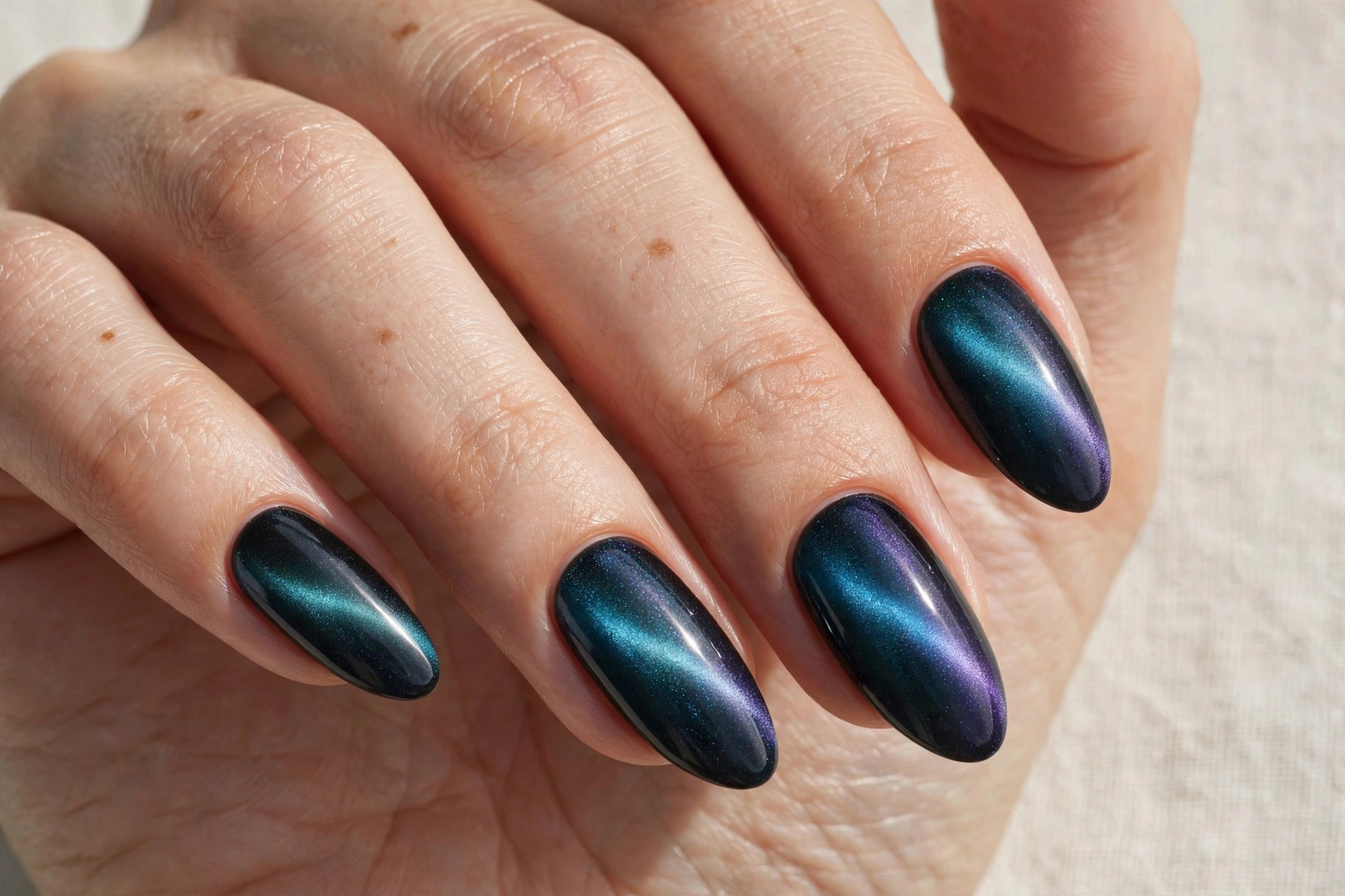 Peacock multichrome cat eye magnetic nails with shifting teal and purple band