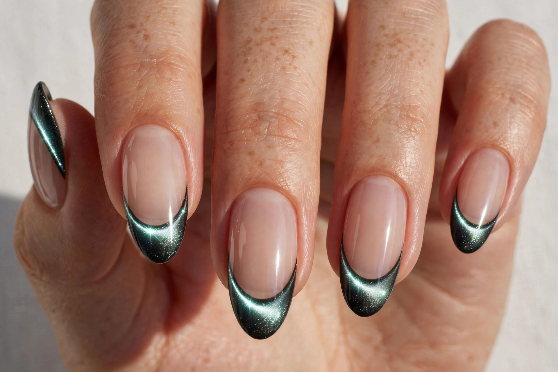 French tip nails with cat eye magnetic shimmer line along the tips