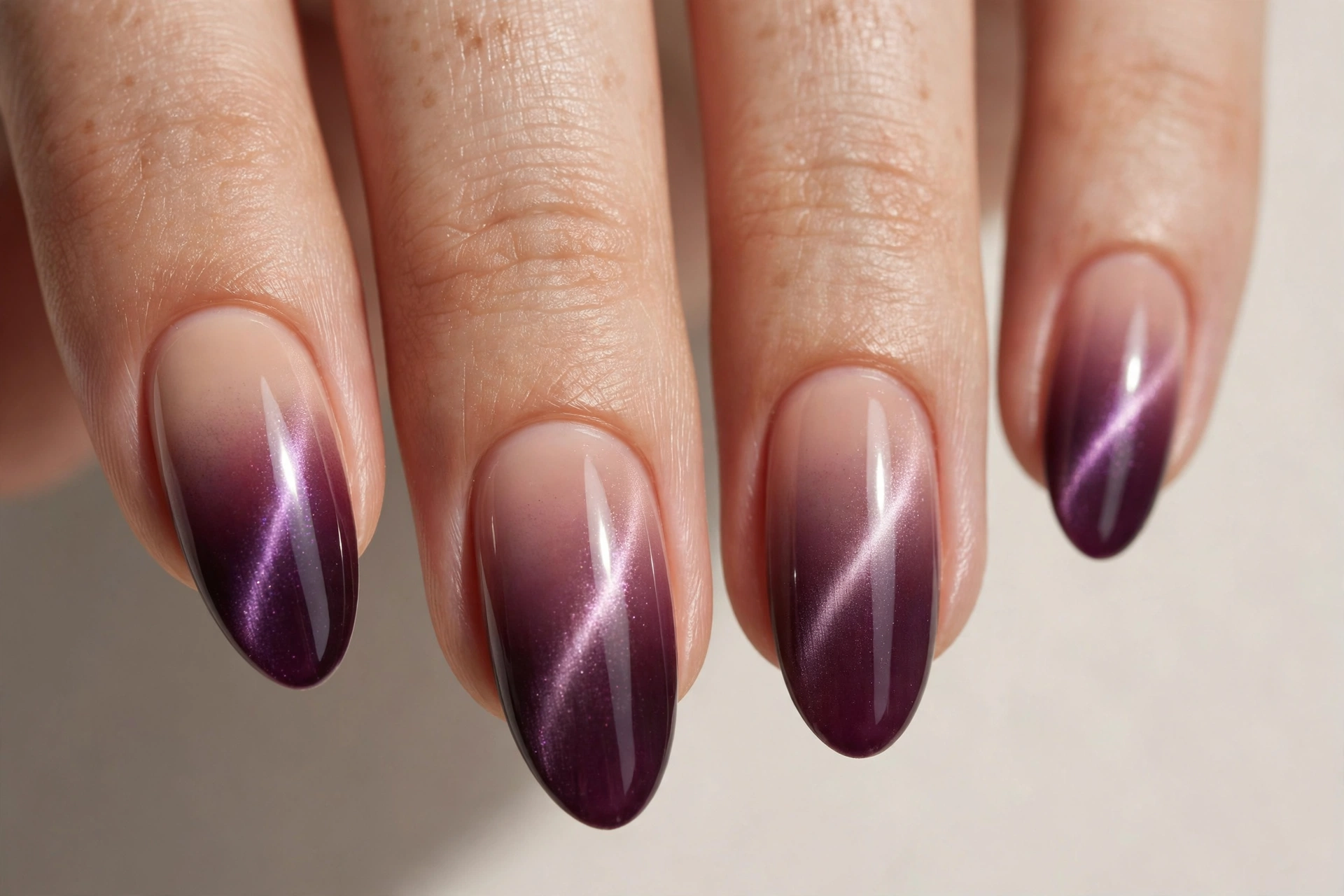 Cat eye ombre magnetic nails fading from nude to deep plum with light band