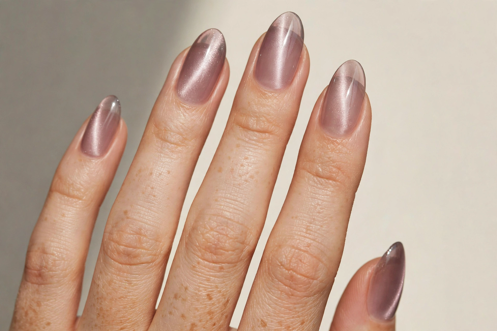 Sheer jelly cat eye magnetic nails in smoky mauve with visible light band