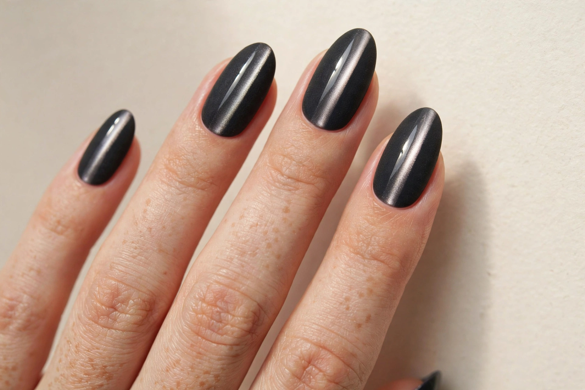 Matte charcoal cat eye magnetic nails with glossy reflective band