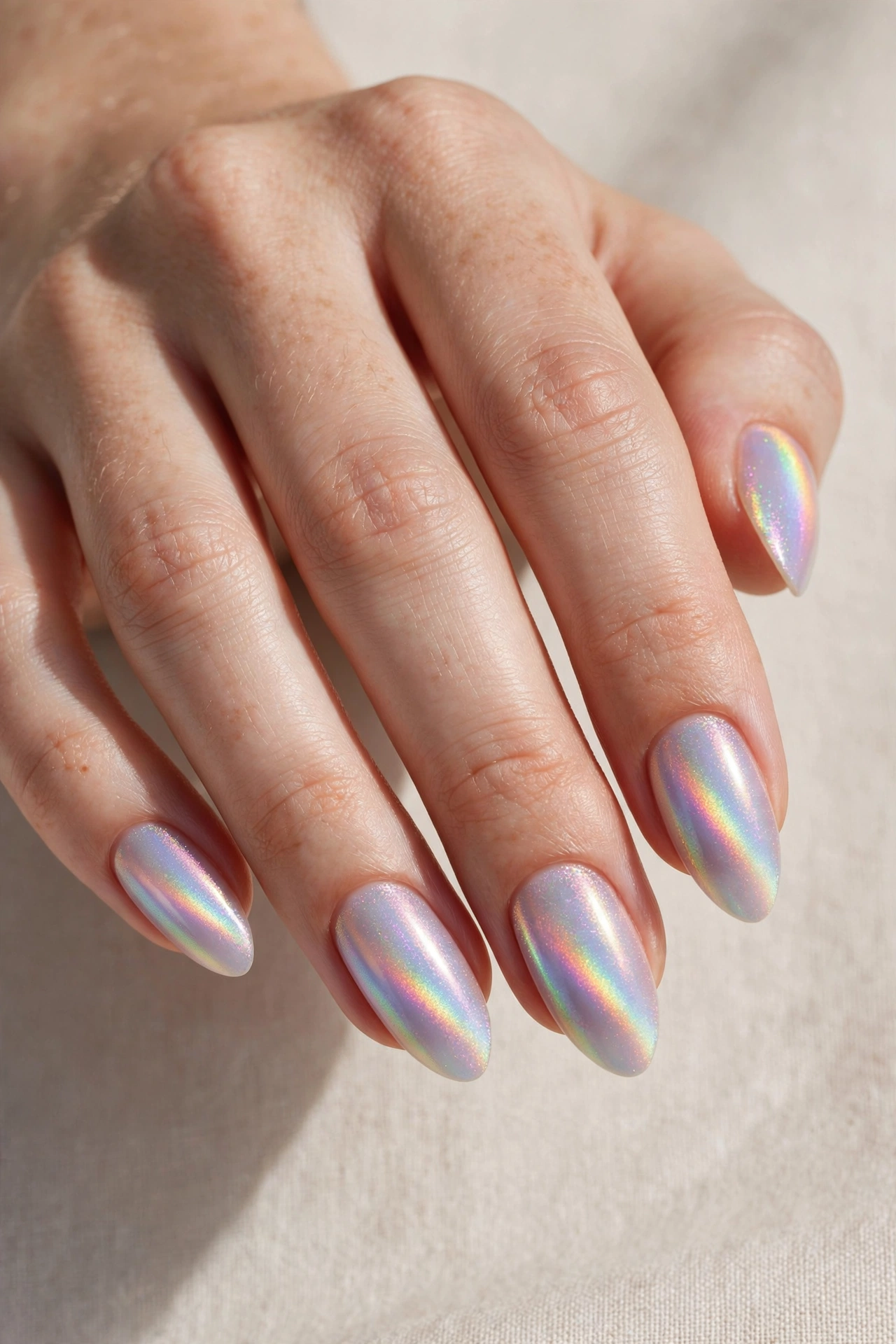 Aurora cat eye magnetic nails with iridescent rainbow light band